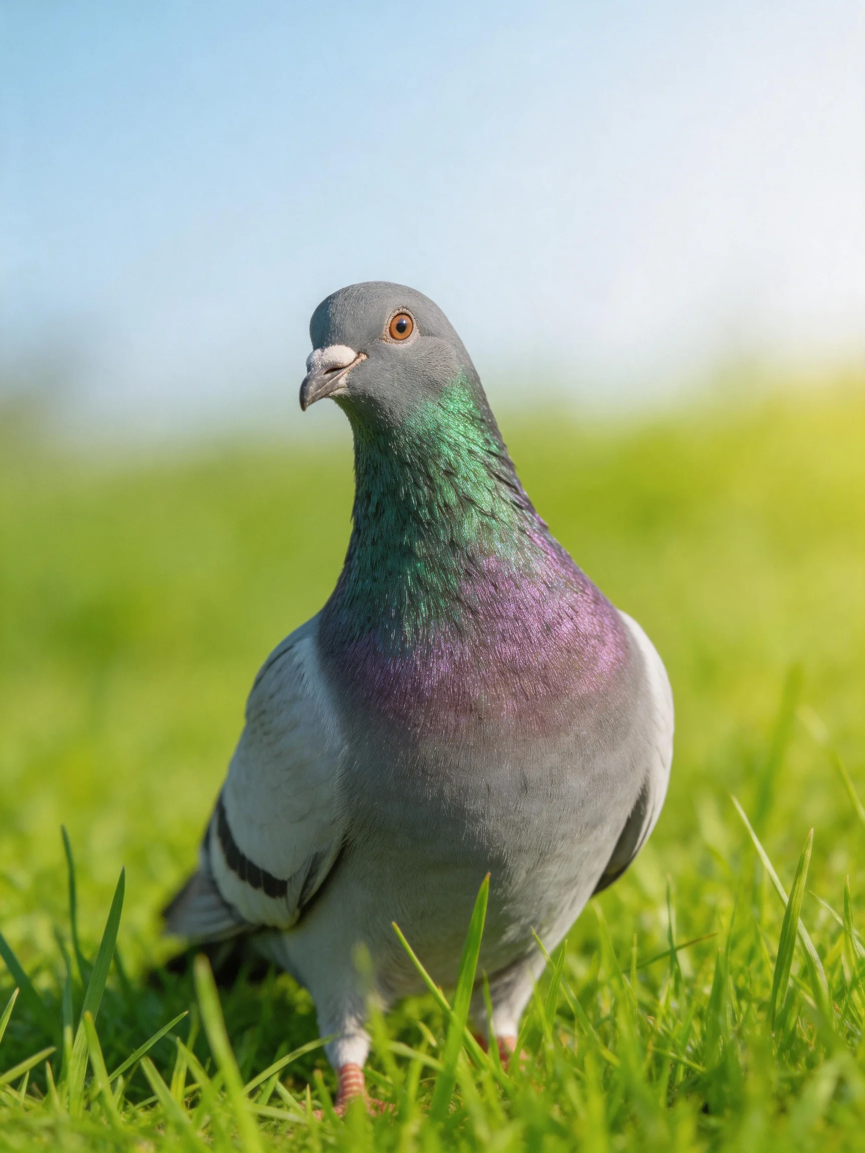 A gray, green, and purple pigeon on bright green grass
