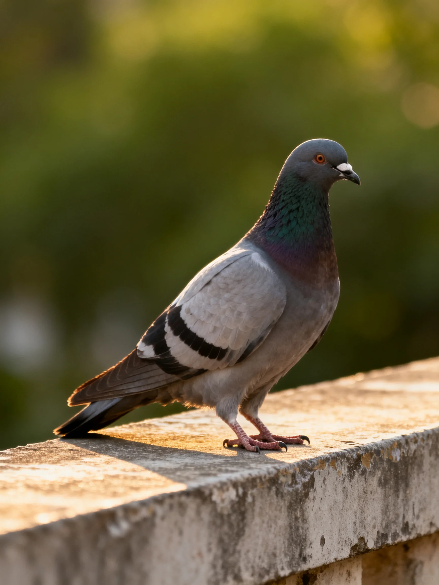 A pigeon with multicolored plumage sits on an old concrete ledge.
