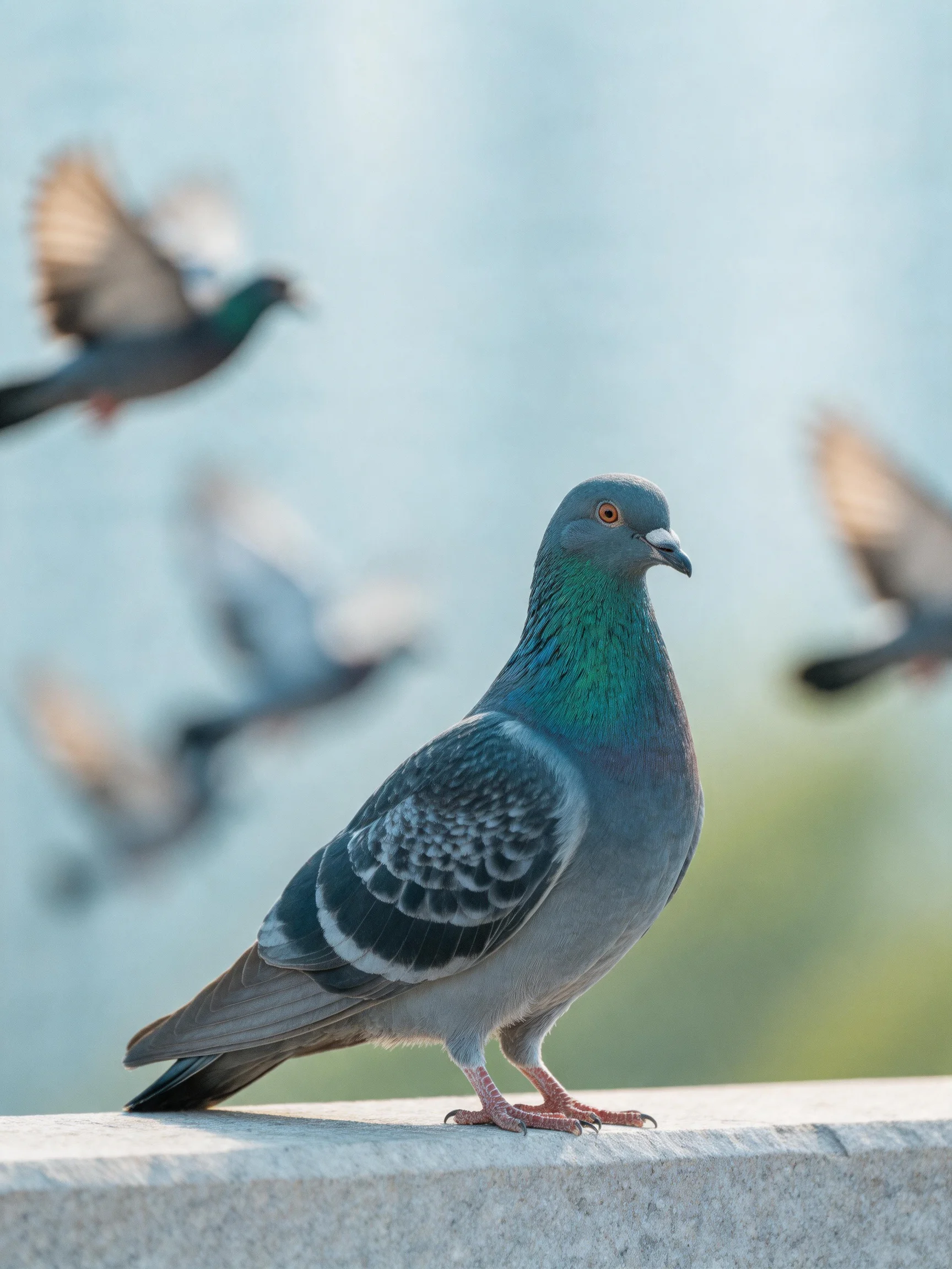 A gray-green pigeon perched among four flying pigeons