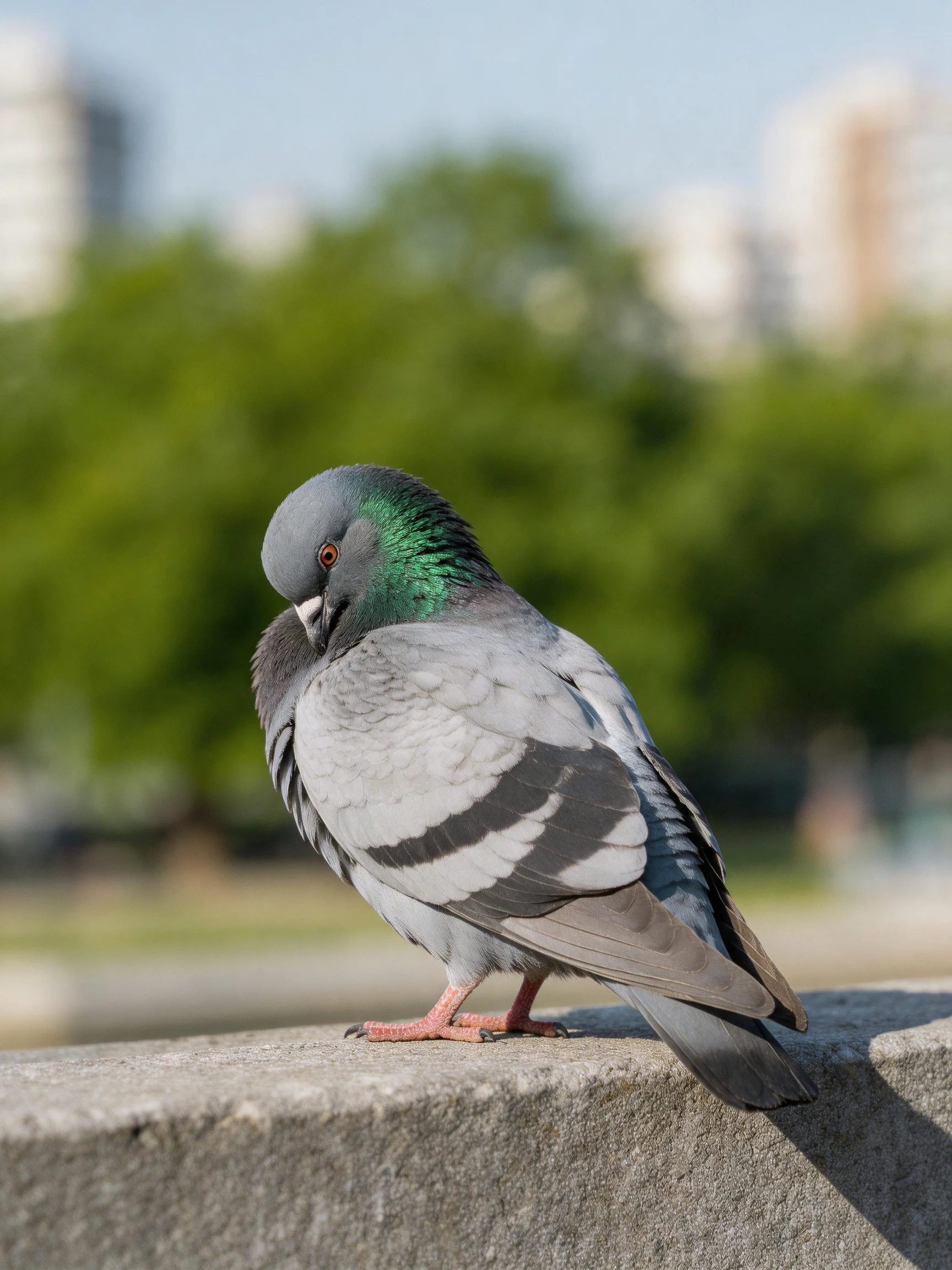 A gray-green pigeon perched on a concrete ledge near lush trees