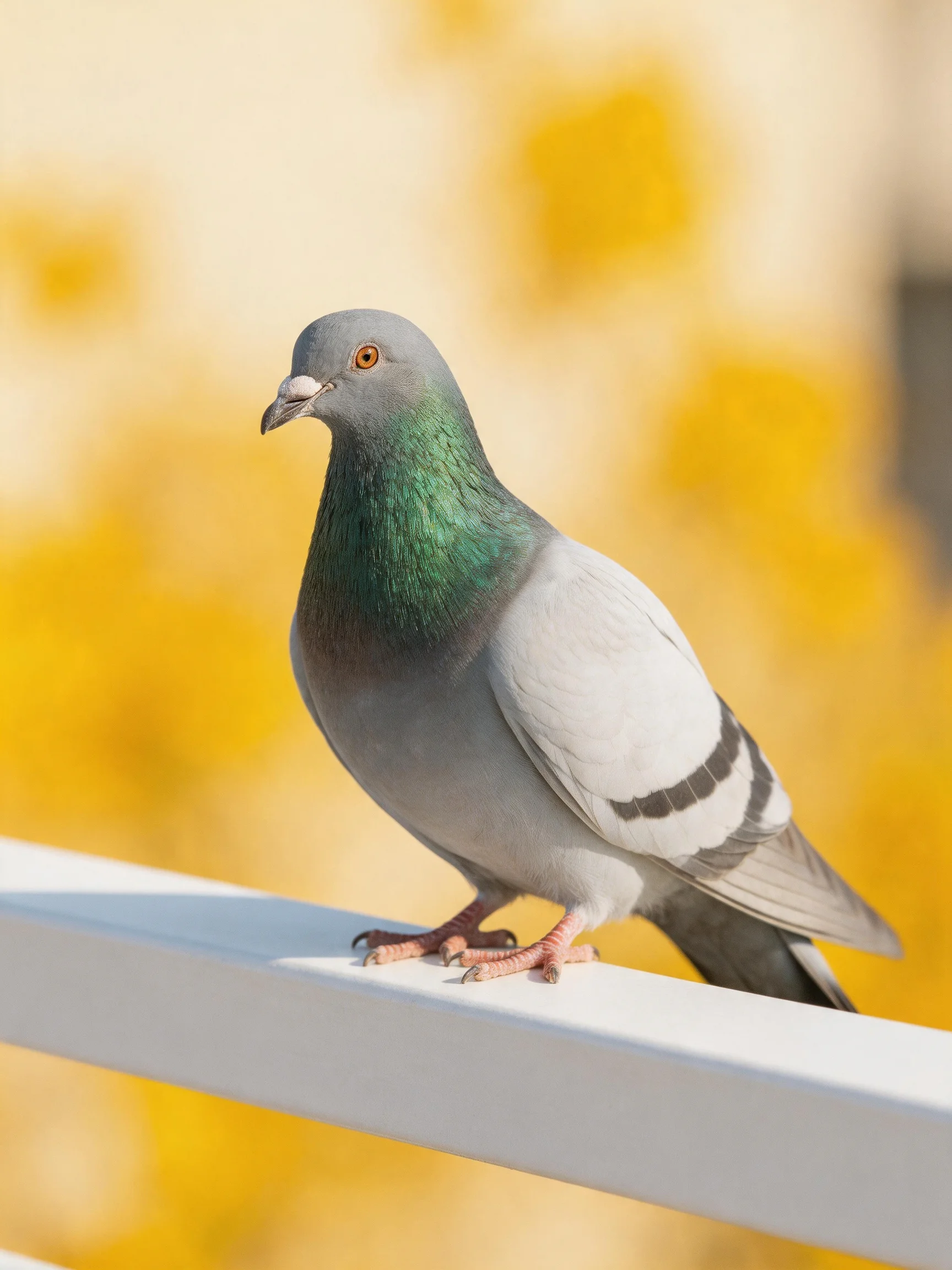 A gray-green pigeon perched on a white railing with golden bokeh