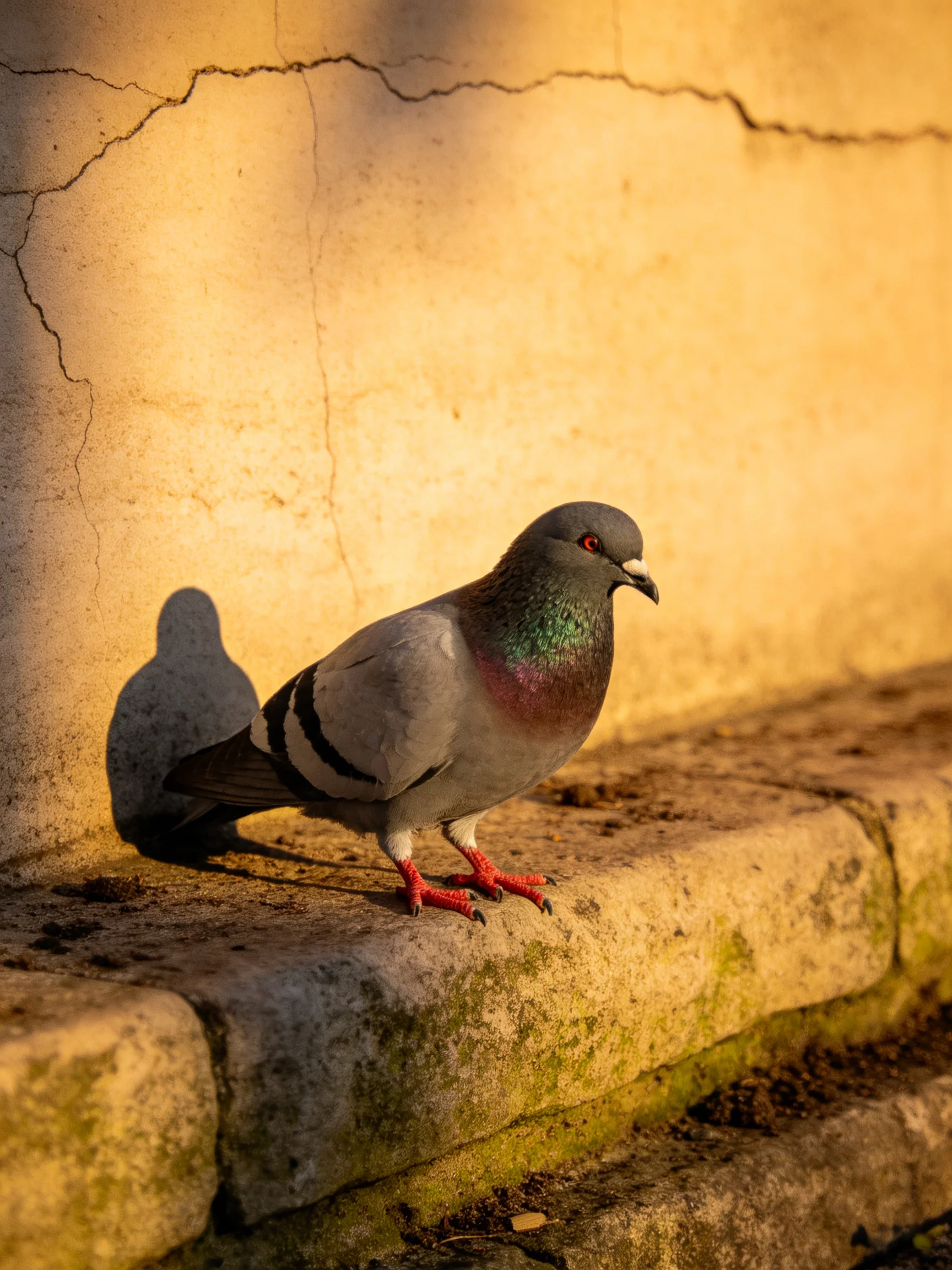 A gray-green pigeon perches on a weathered stone ledge by a cracked wall