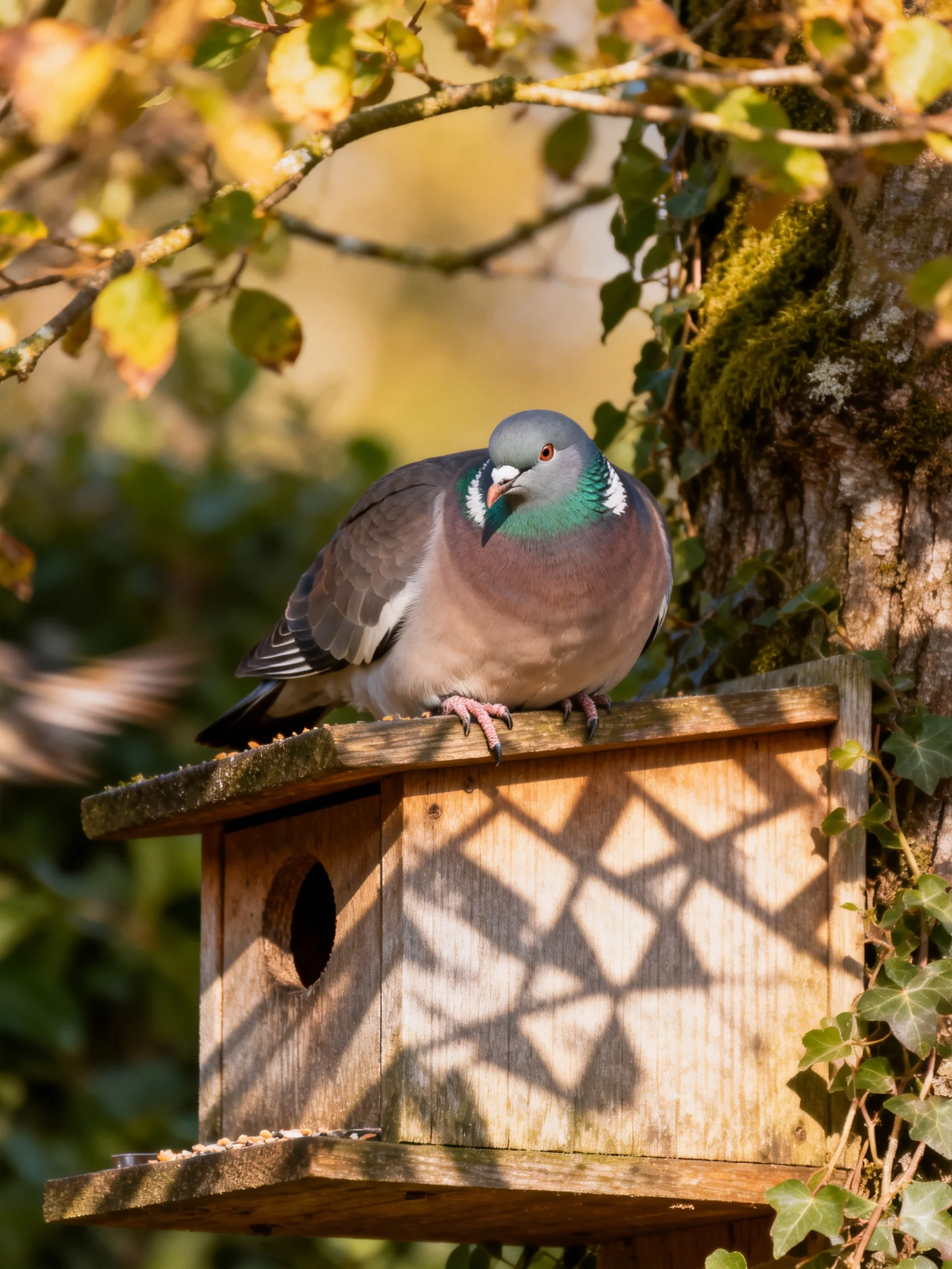 A gray-green pigeon perches on a weathered wooden birdhouse near a moss-covered tree