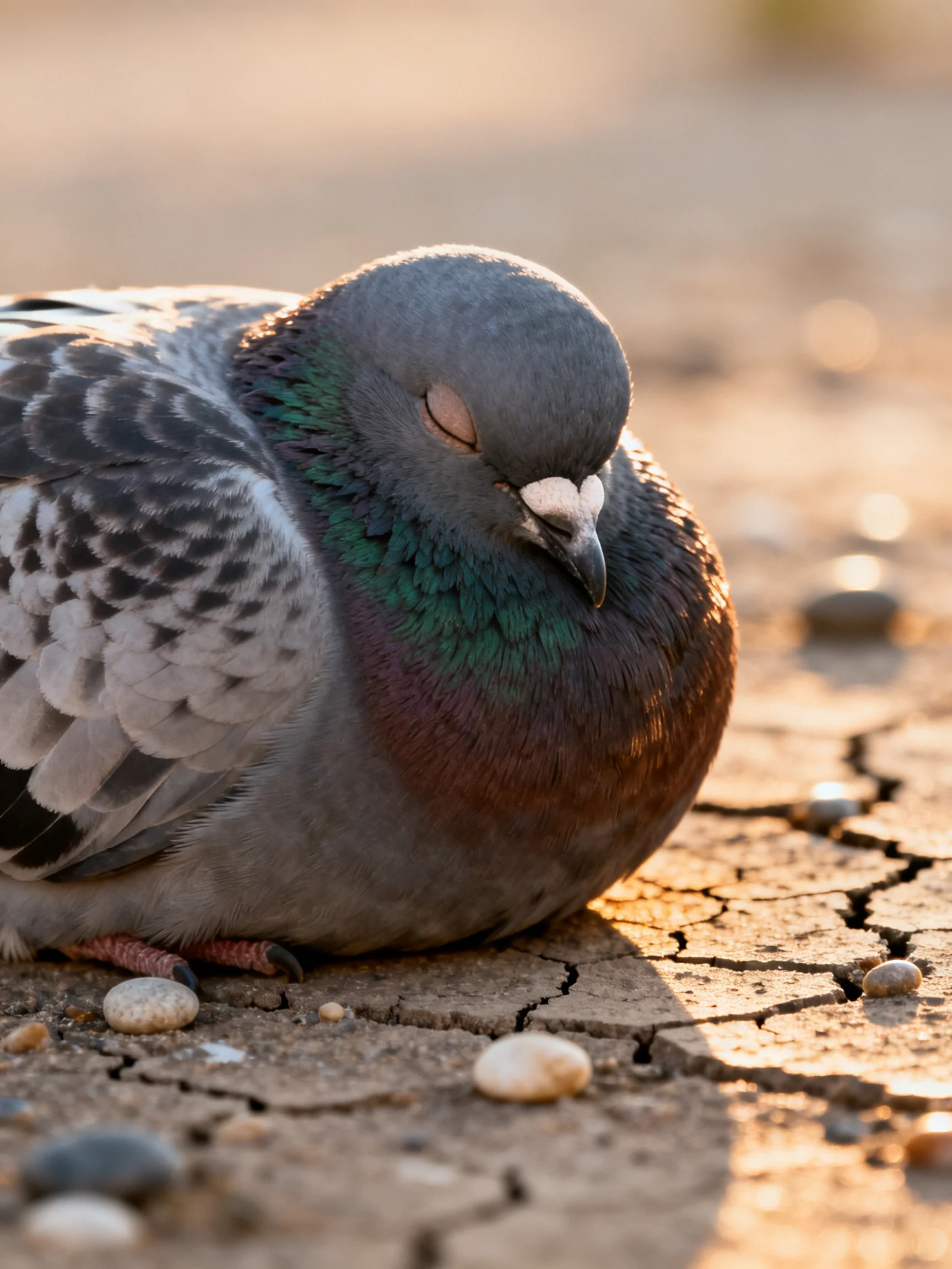 A gray-green pigeon rests on cracked earth with scattered pebbles
