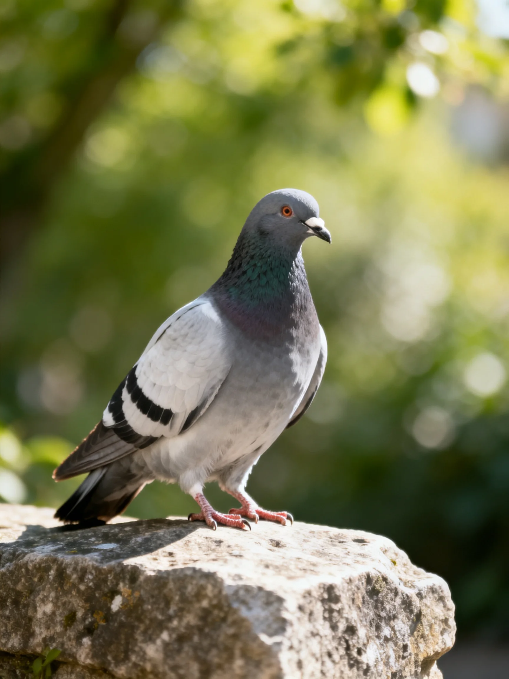 A gray-green pigeon with black wing stripes perches on a weathered stone