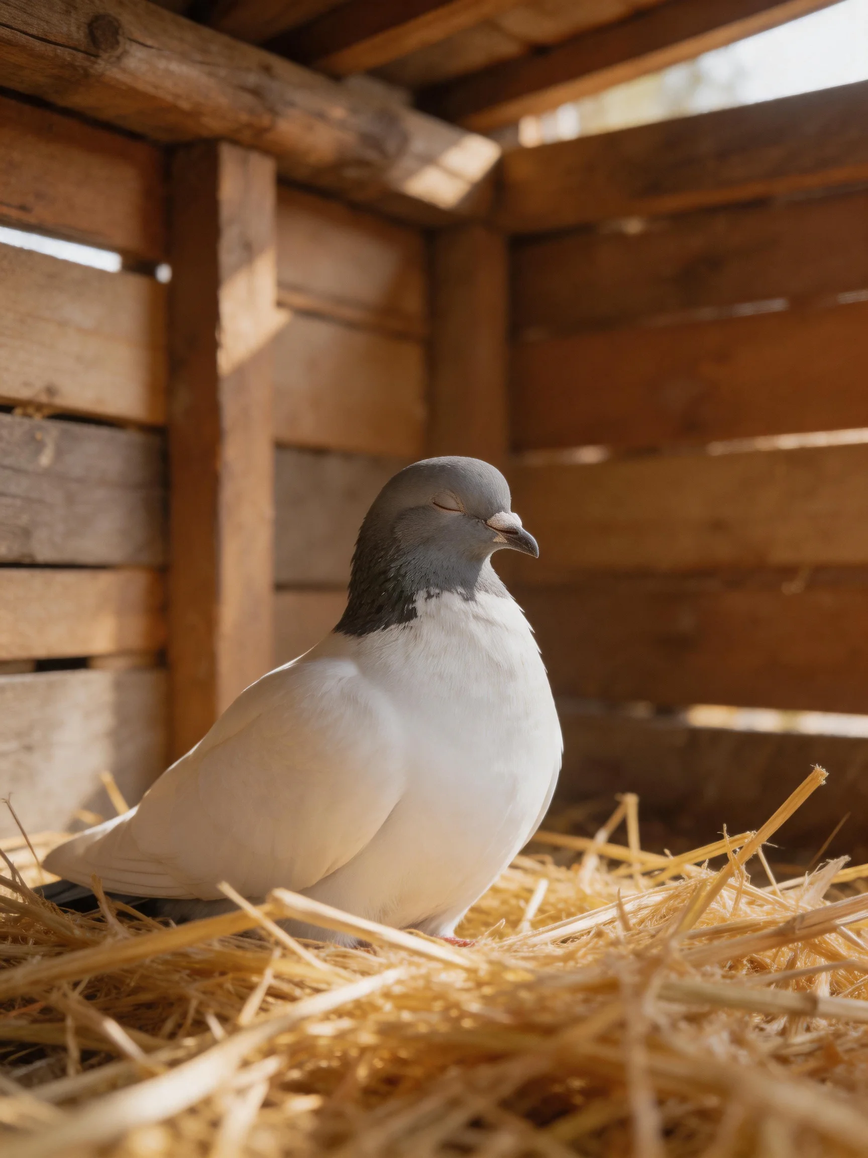 A gray-headed pigeon in a wooden enclosure with golden straw