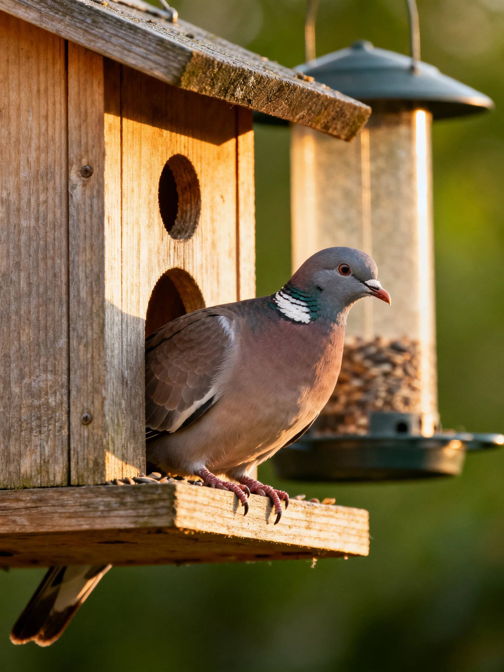 A pigeon stands at a wooden birdhouse next to a hanging feeder.