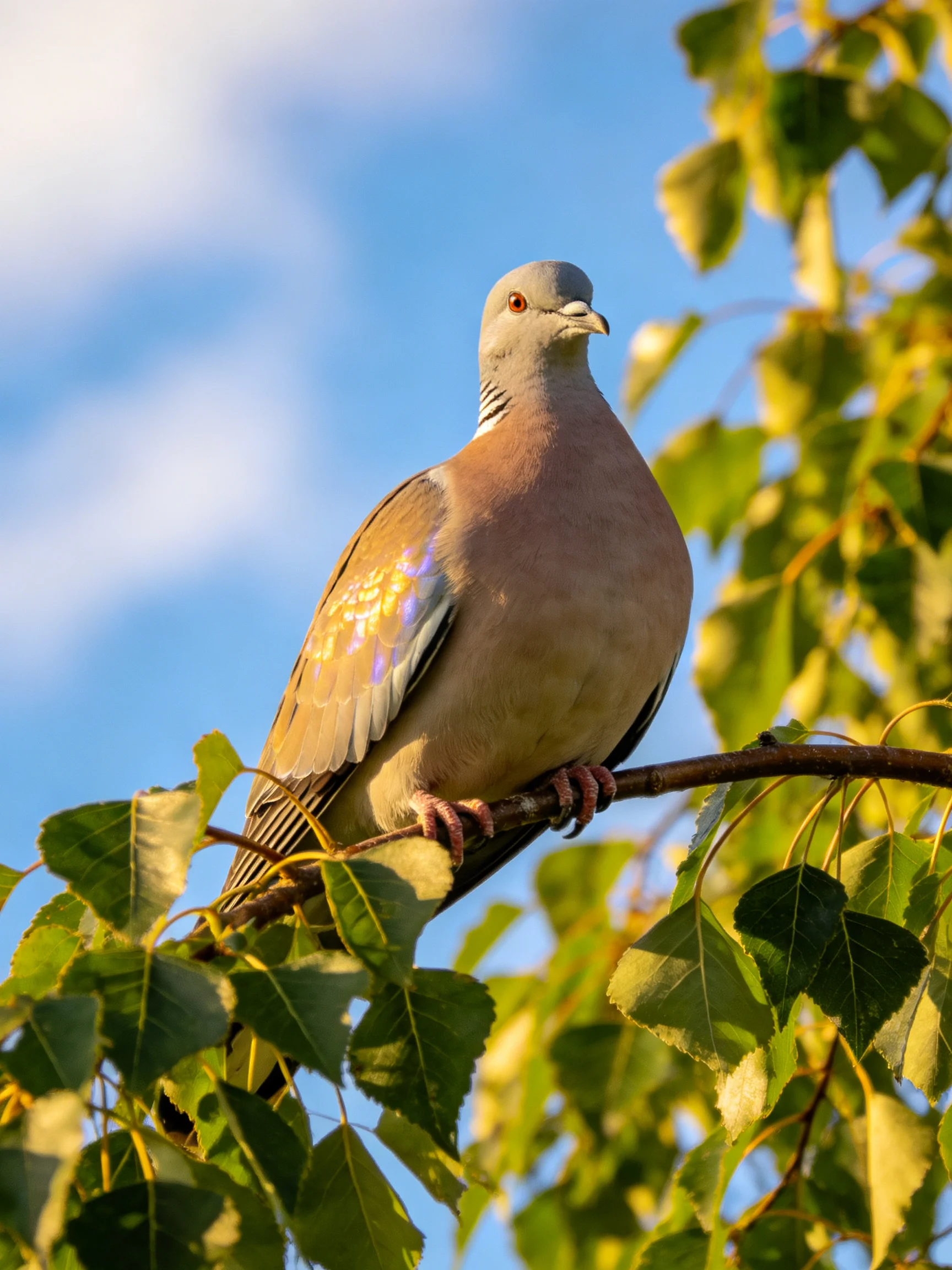 A gray-headed pigeon perched on a leafy branch under blue sky