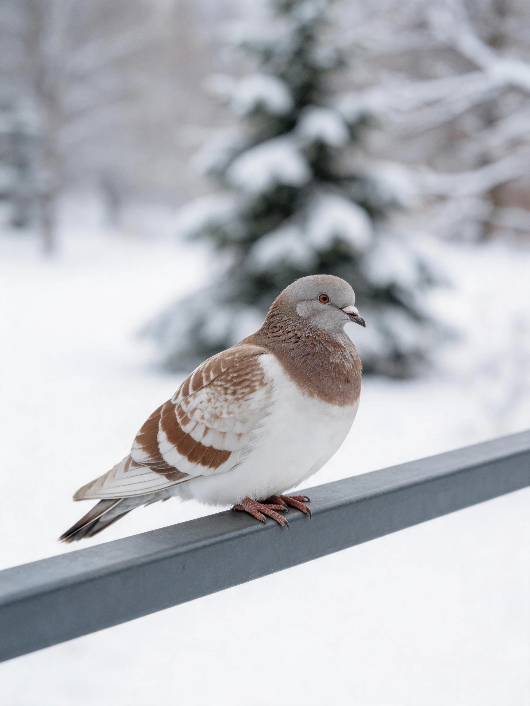 A gray-headed pigeon perched on a metal bar amid snow-covered trees
