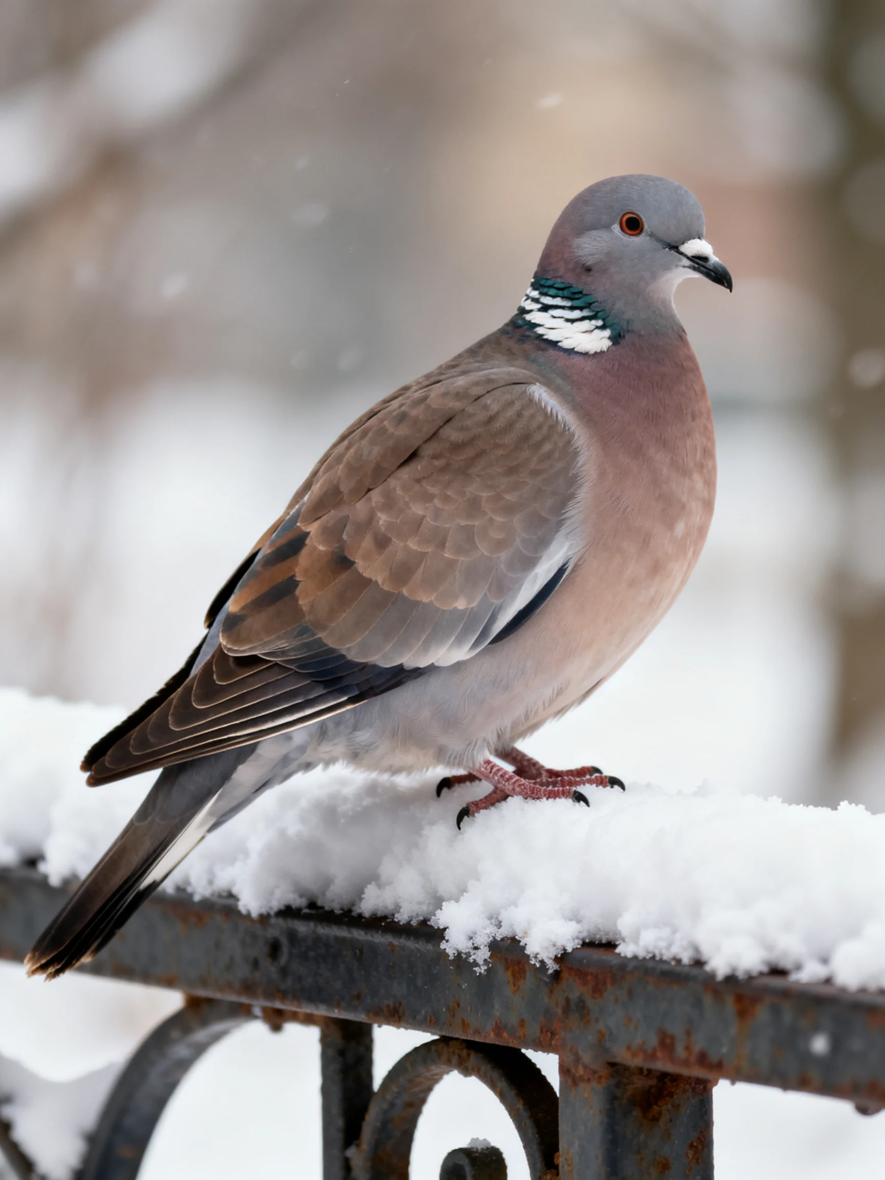 A gray-headed pigeon perched on a snow-covered metal fence