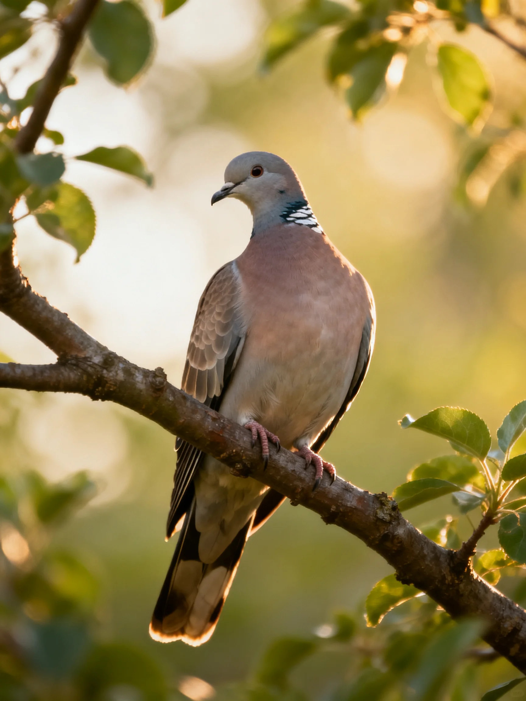 A gray-headed pigeon perched on a tree branch amid green foliage