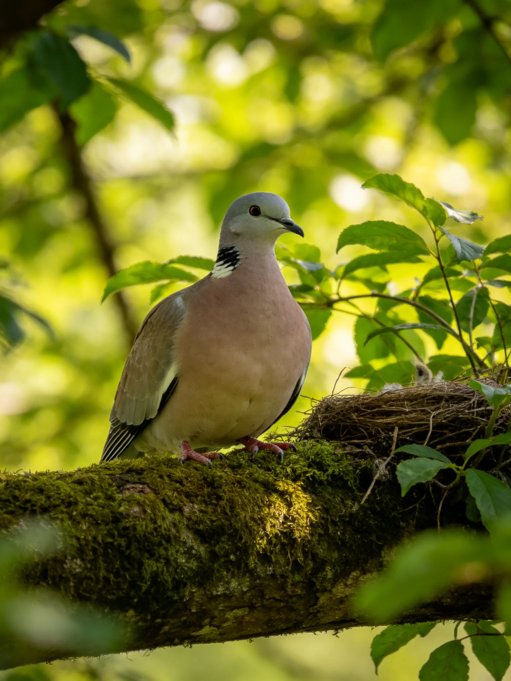 A pigeon stands next to a mossy branch with a nest nearby.