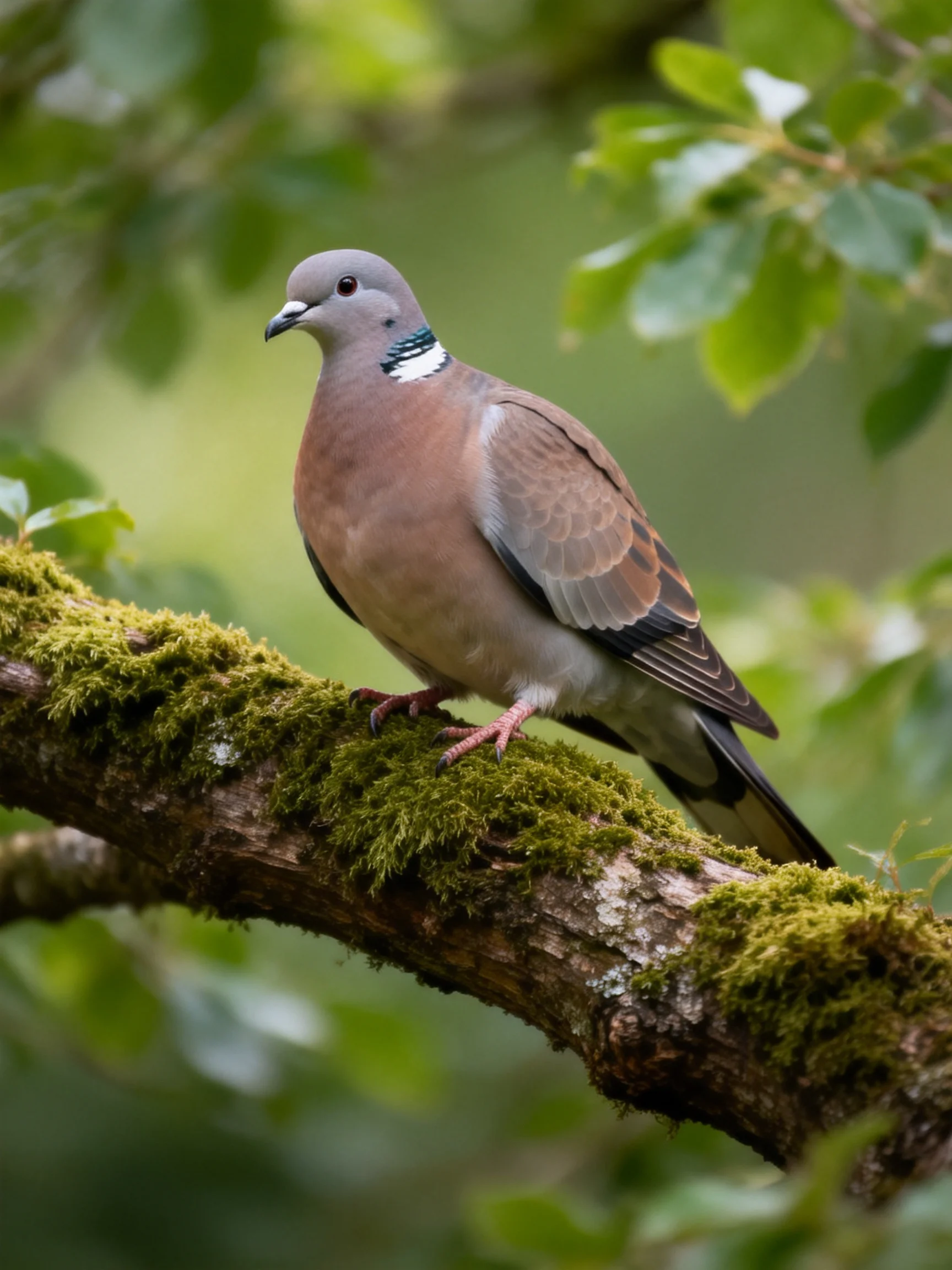 A gray-headed pigeon perches on a moss-covered tree branch