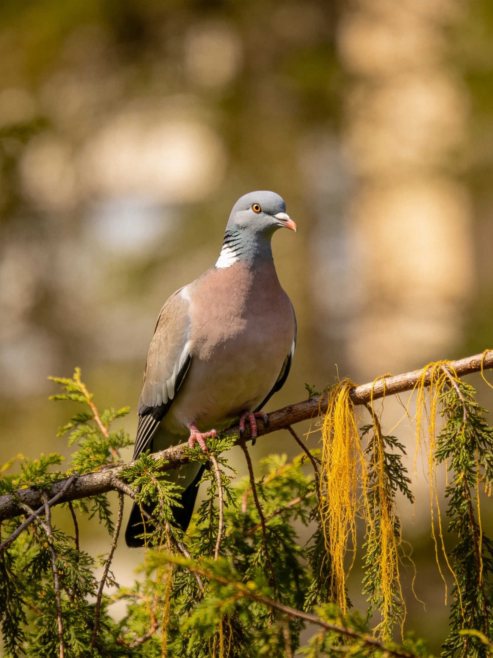 A gray-headed pigeon perches on a moss-draped tree branch