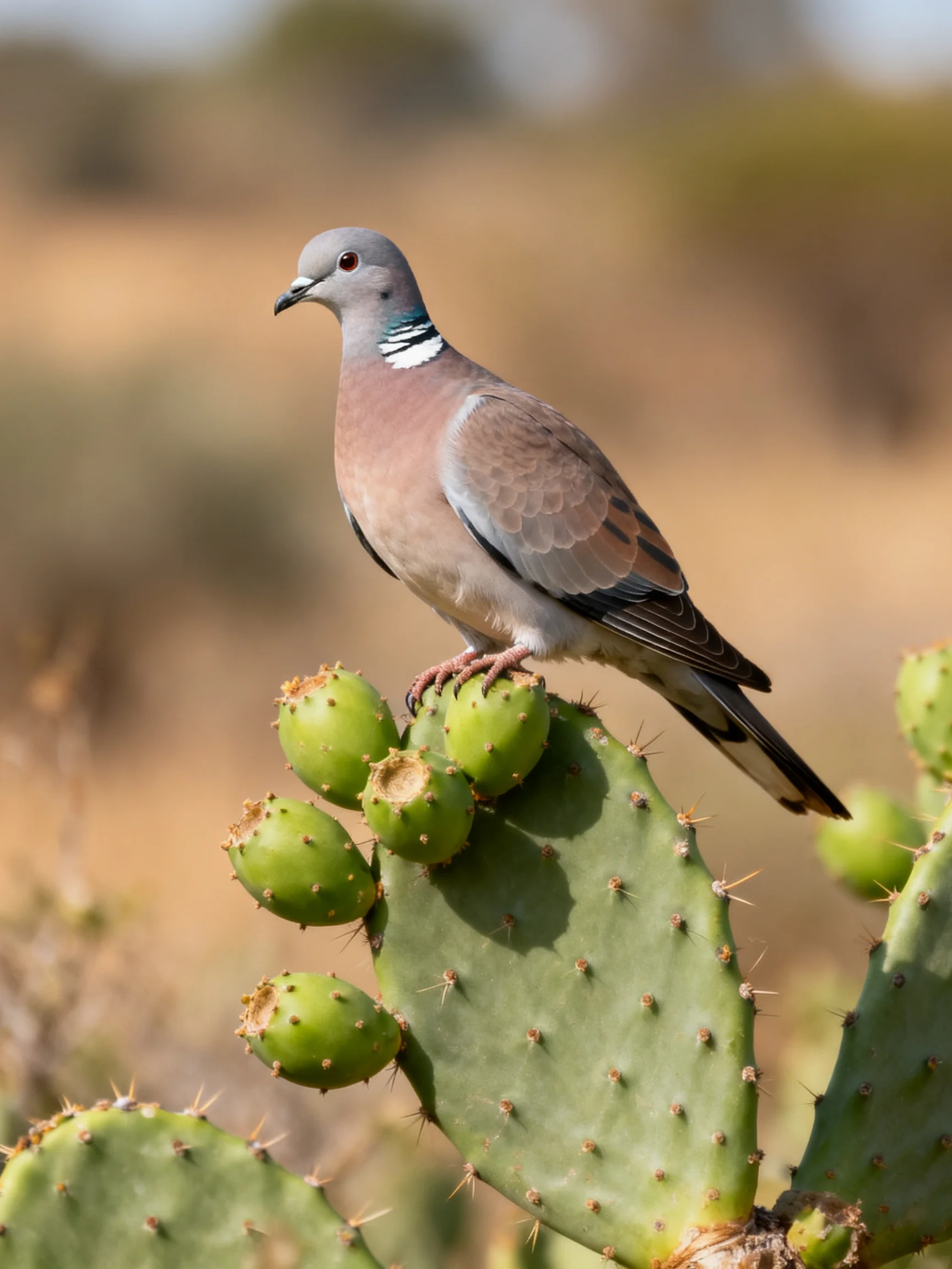 A gray-headed pigeon perches on green cactus fruits with spines