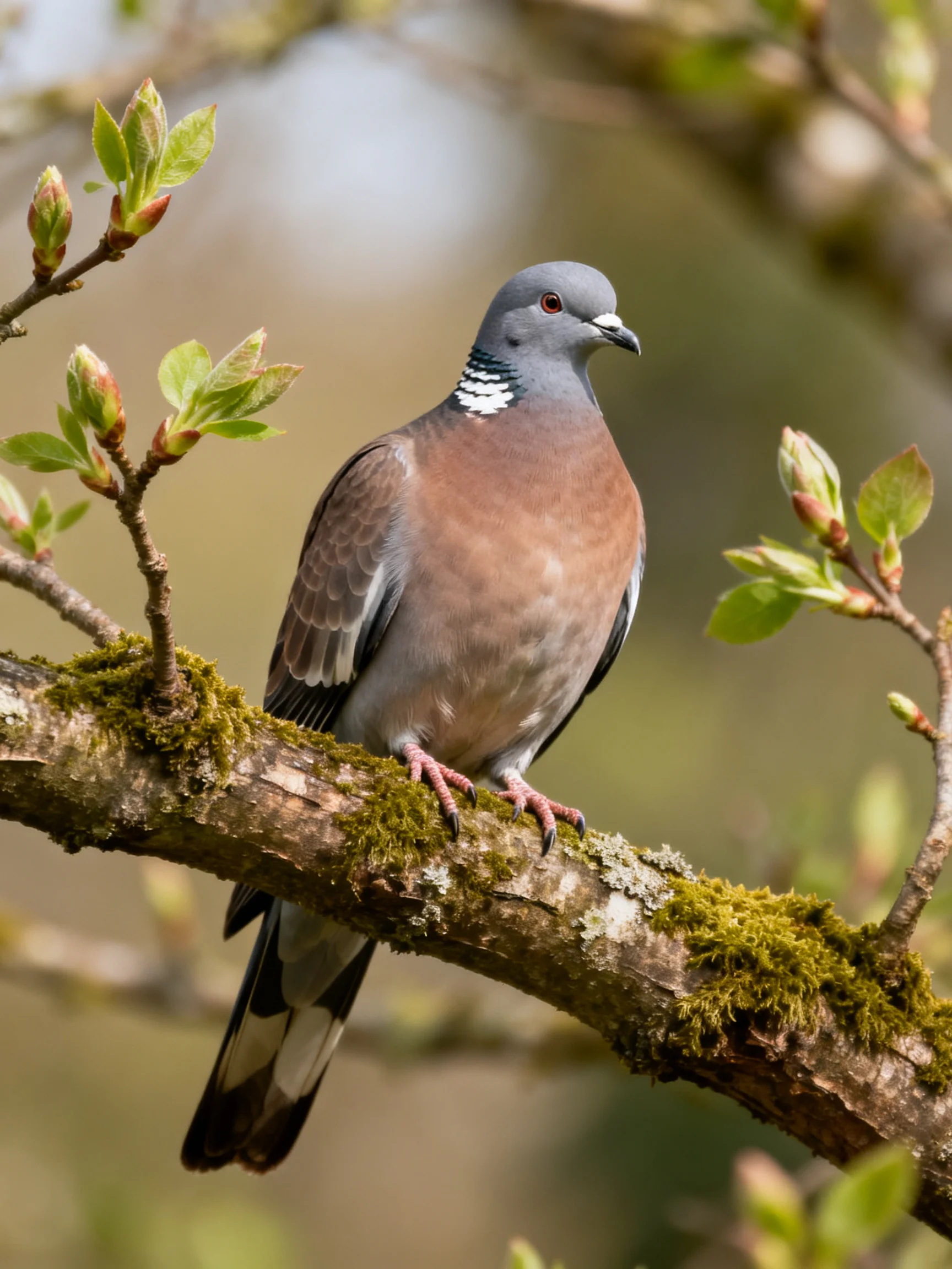 A gray-headed pigeon rests on a moss-laden tree branch