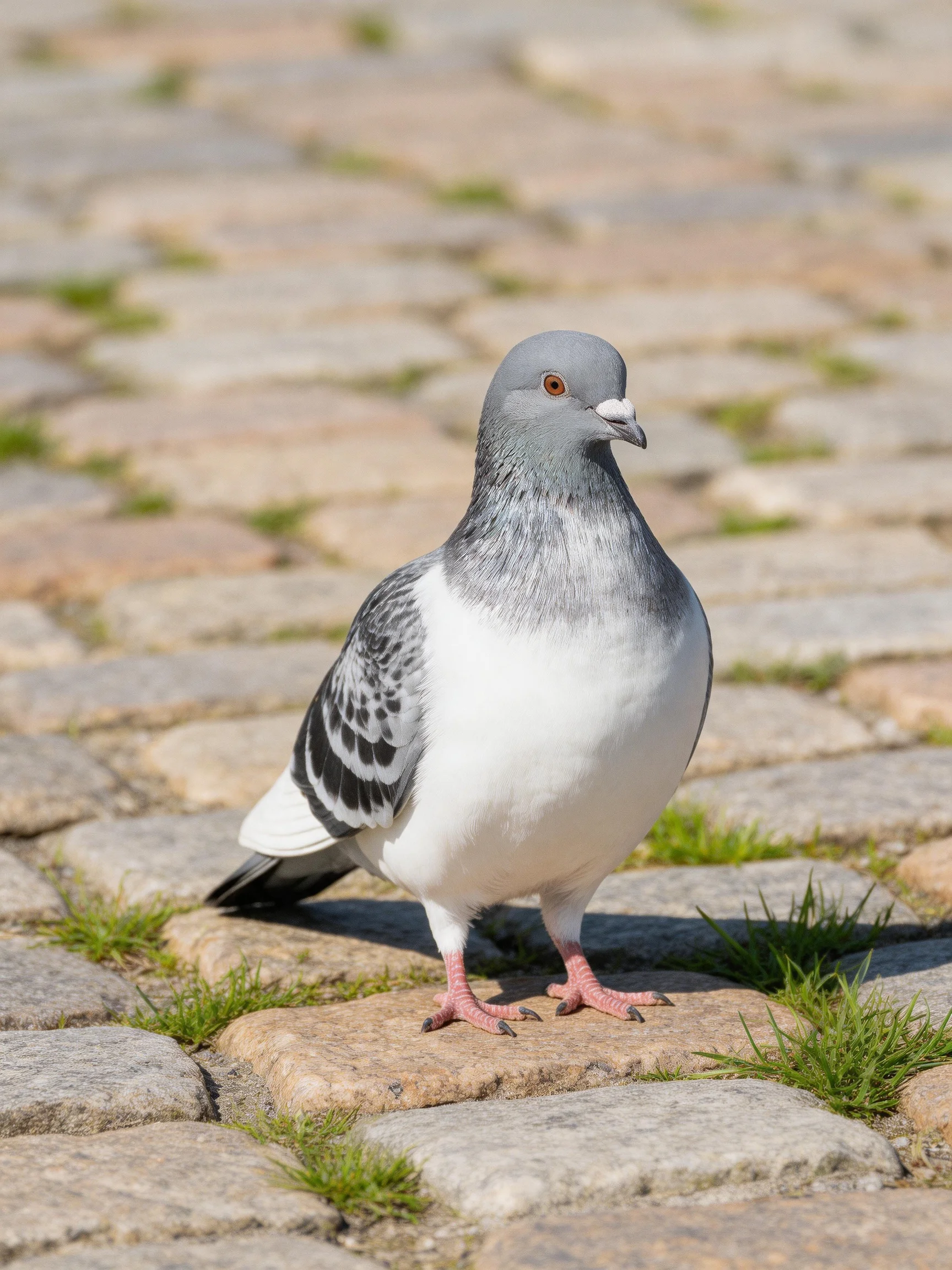 A gray-headed pigeon with black-and-white plumage on a cobblestone path