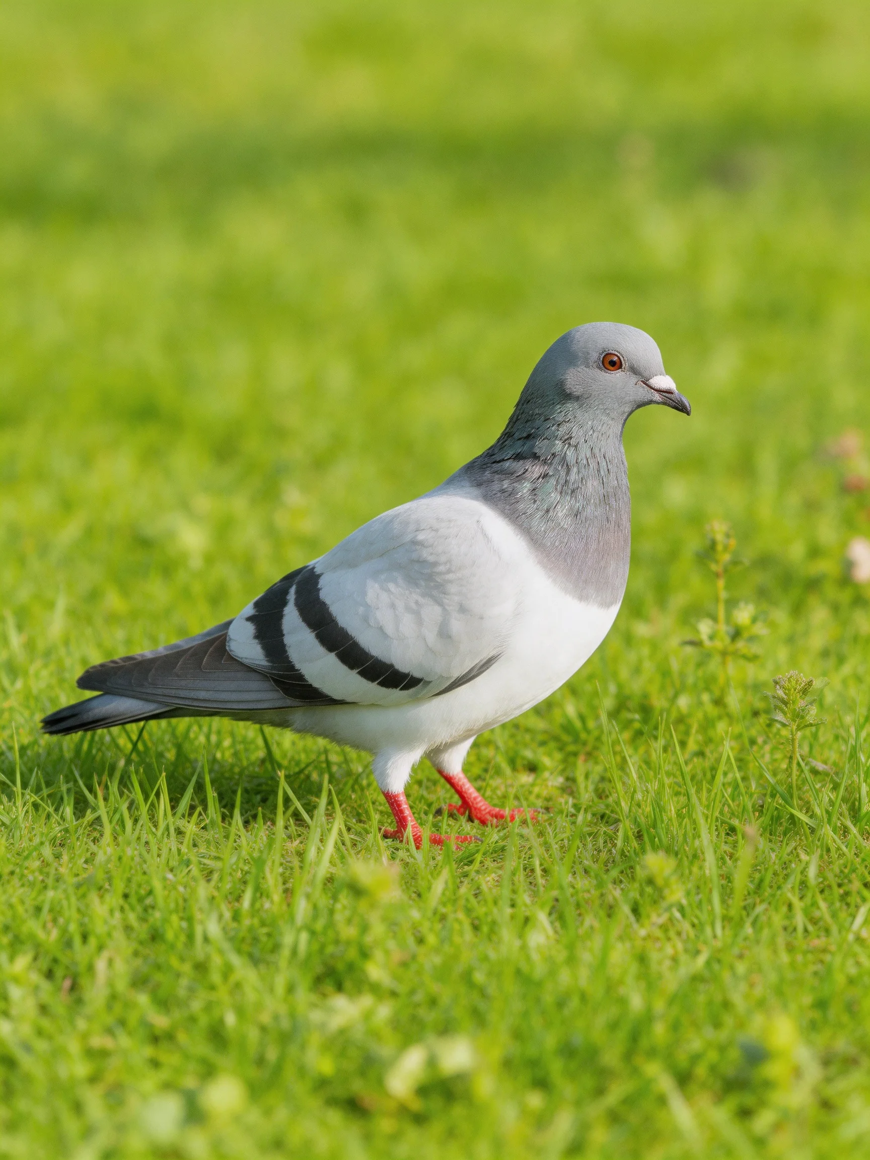 A pigeon with gray head and black wing markings walks on green grass.