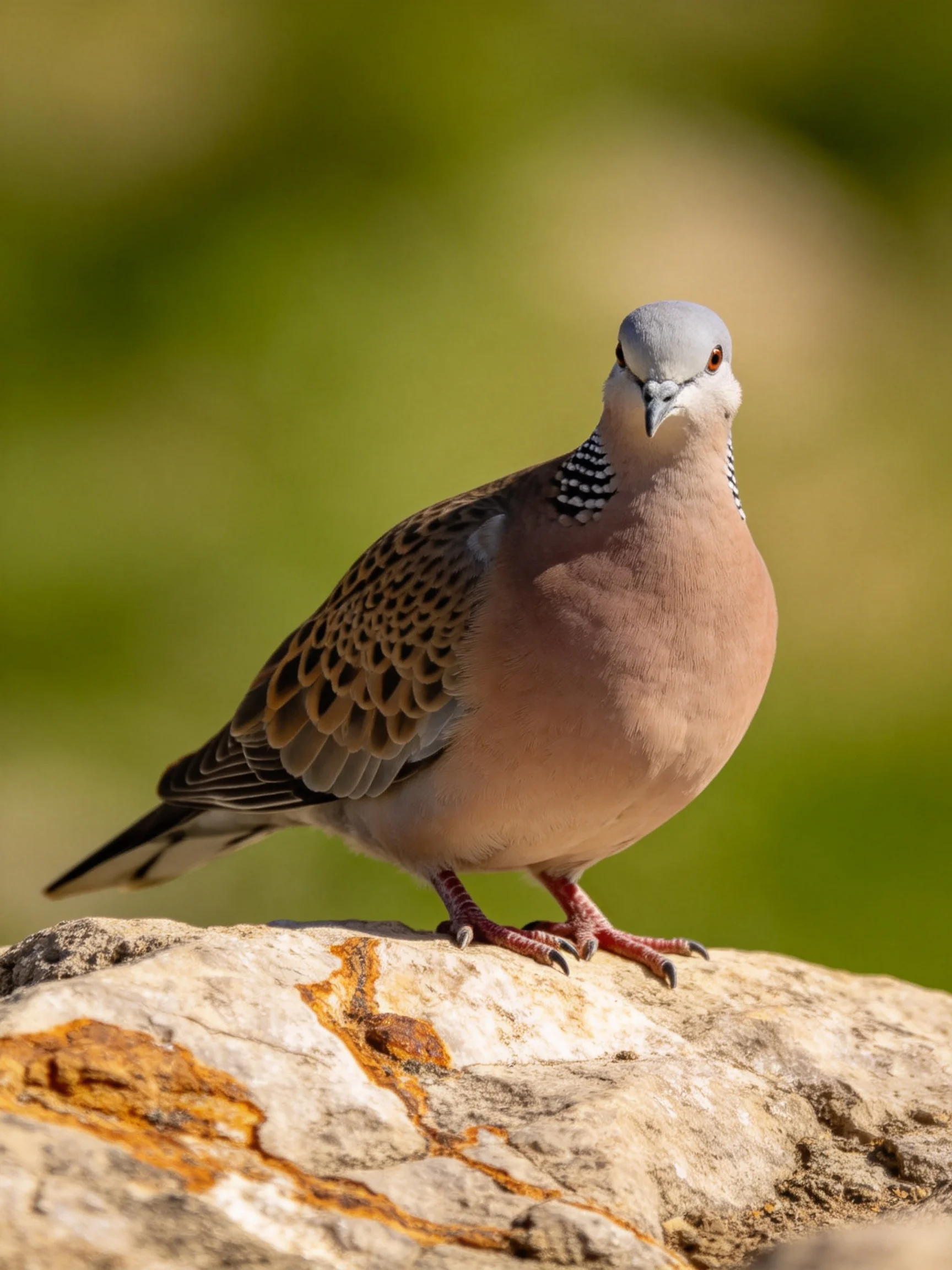 A gray-headed pigeon with brown-spotted wings perches on a weathered rock