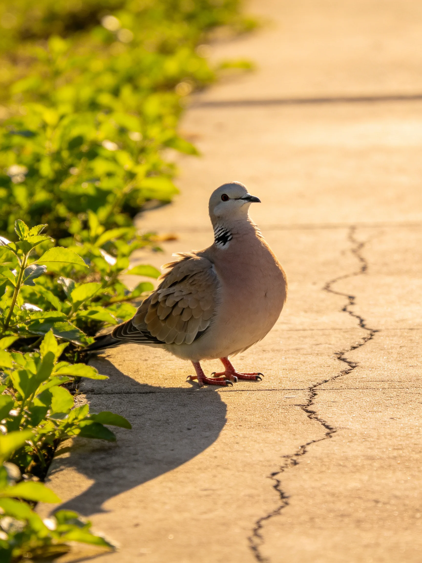 A gray-headed pigeon with a pink breast stands next to greenery on a cracked pavement.