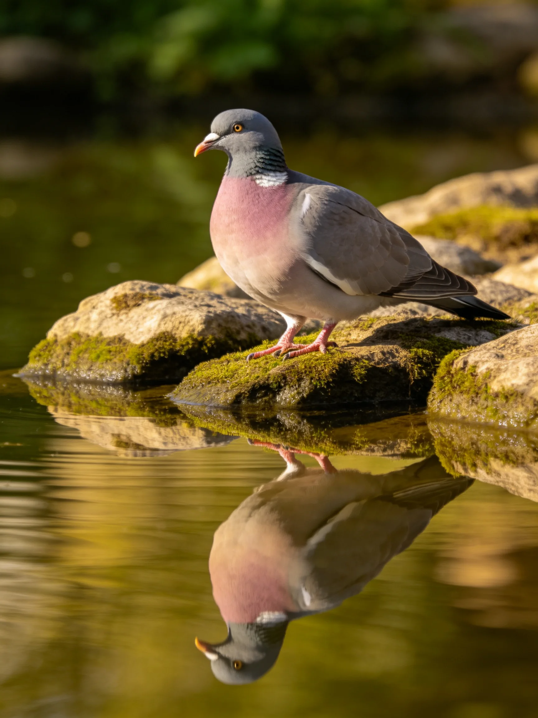 A gray-headed pigeon with pink chest on mossy rocks by calm water
