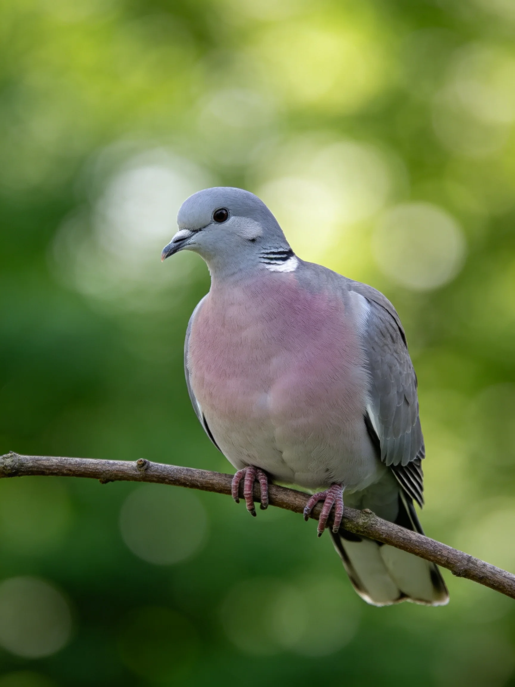 A gray-headed pigeon with pink chest perched on a thin branch