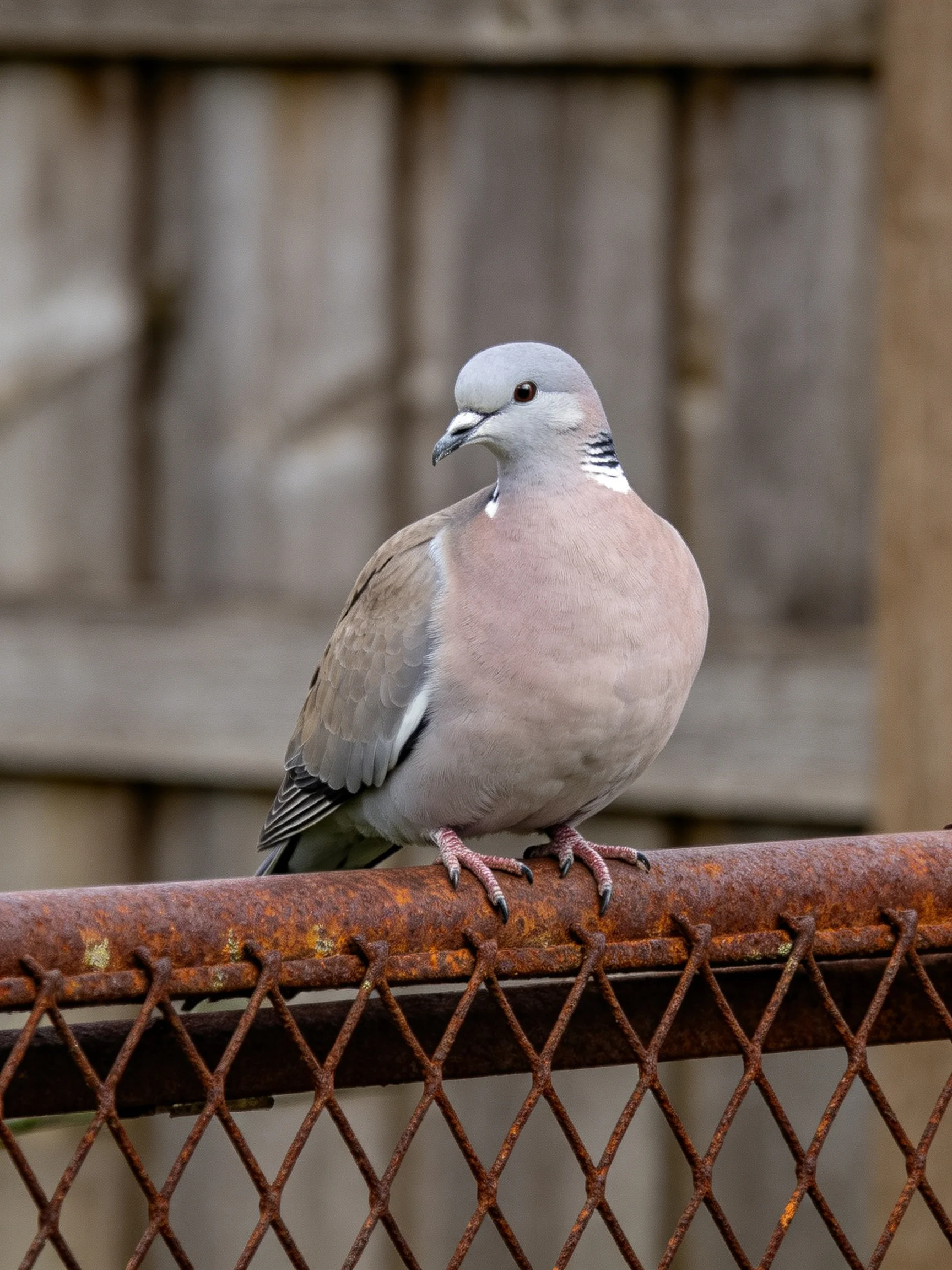A pigeon with gray and pink plumage stands on a rusted fence in front of an old wooden structure.