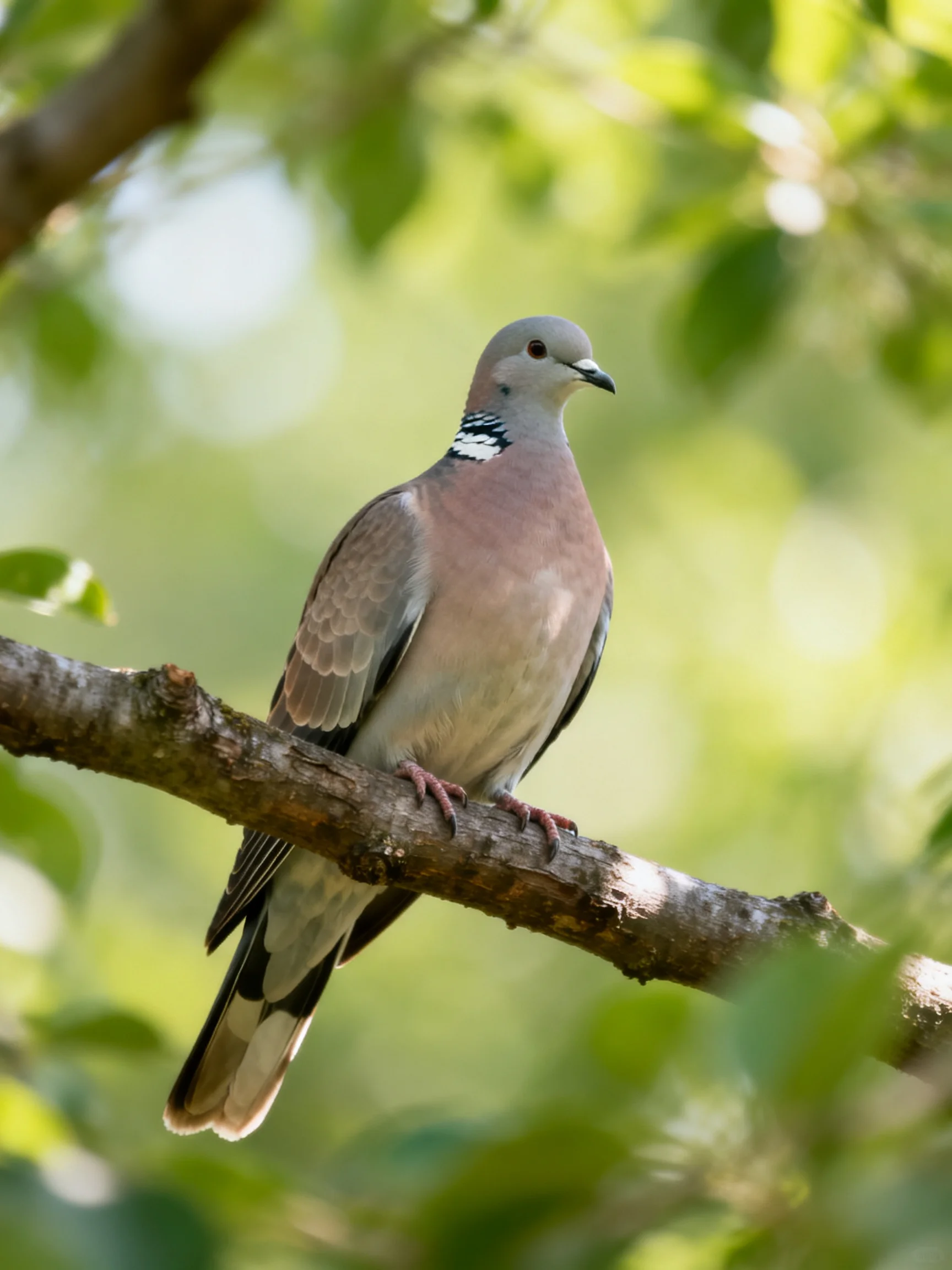 A gray-headed pigeon with pink chest perches on a tree branch