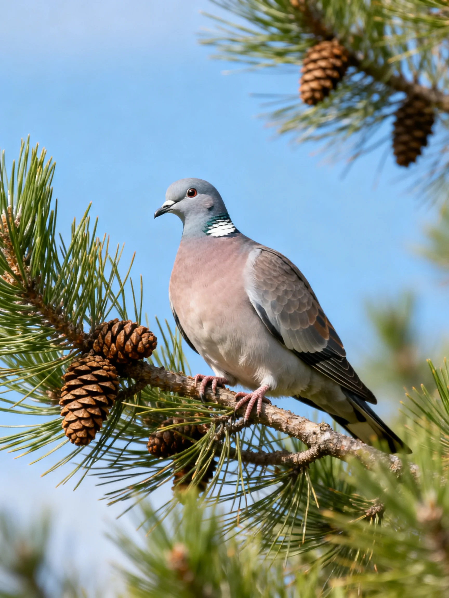 A gray-headed pigeon with pink plumage perches on pine branches with pinecones.