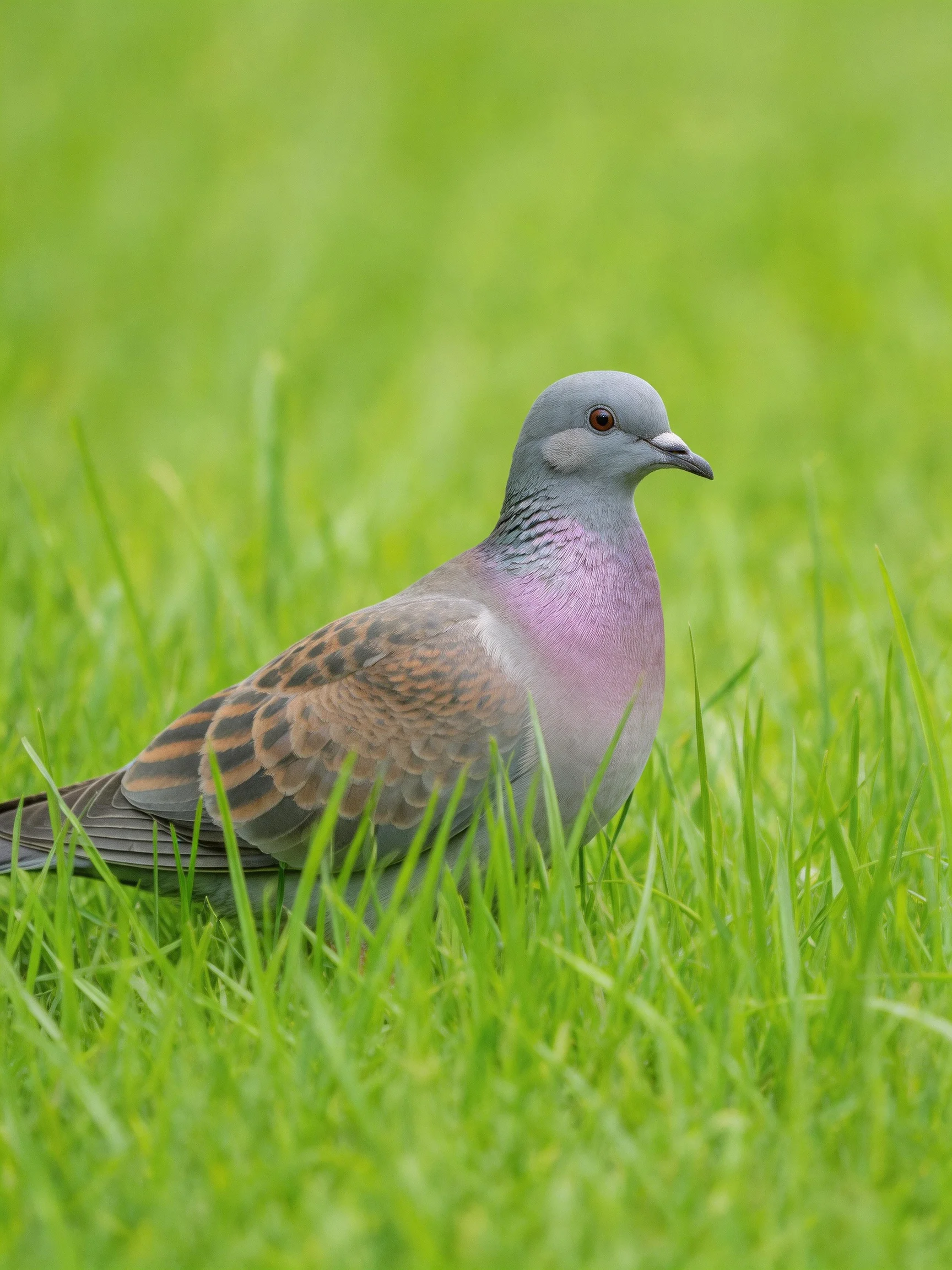 A gray-headed pigeon with purple chest perched in tall green grass