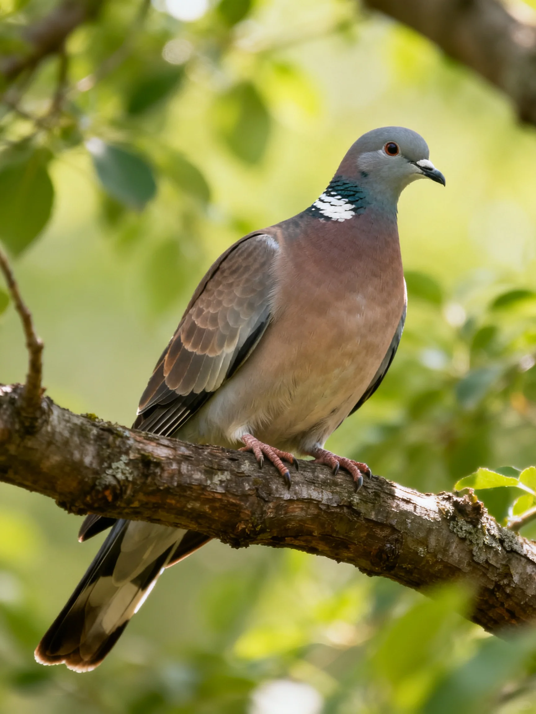 A gray-headed pigeon with purple chest perches on a tree branch.
