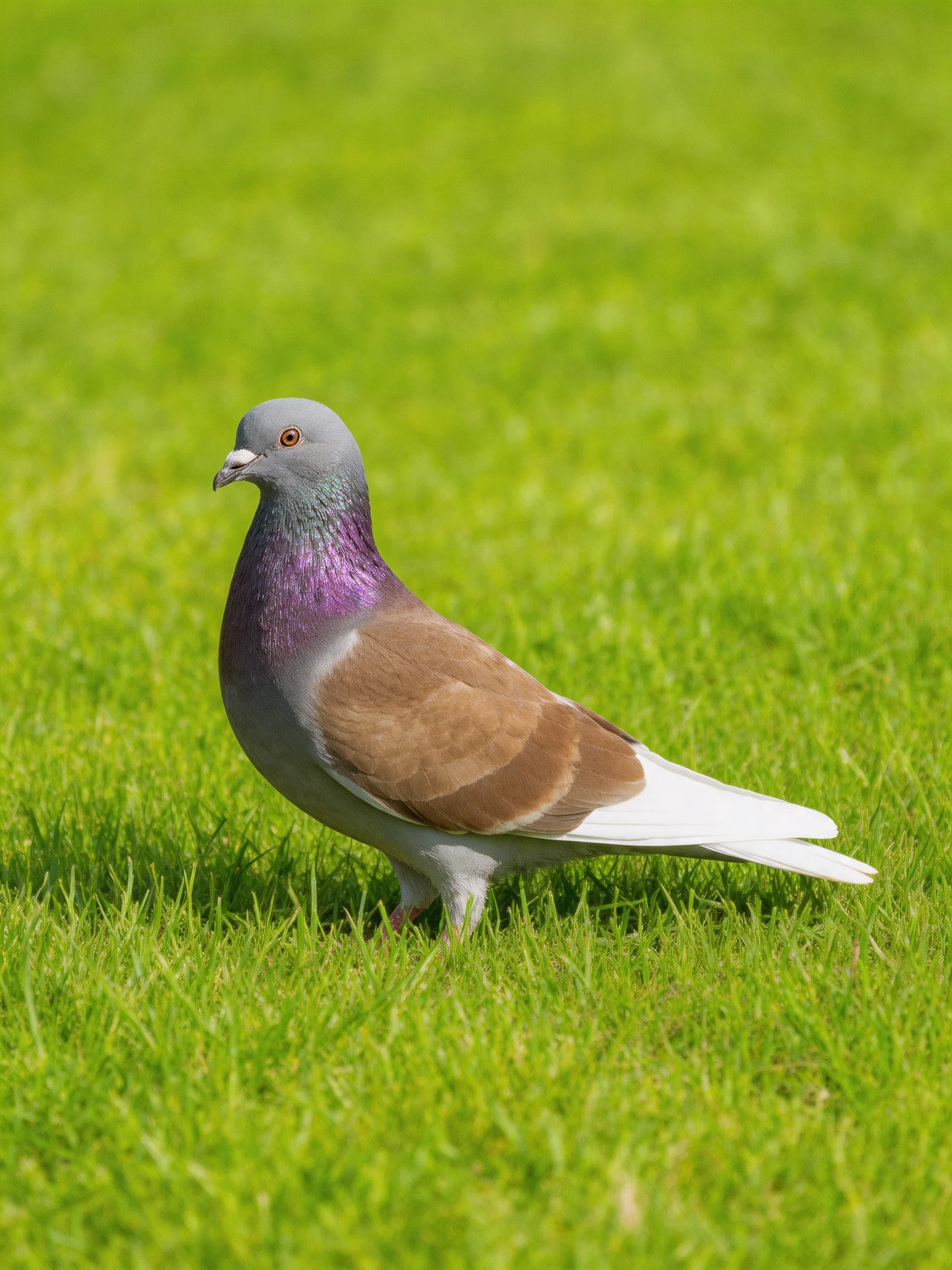 A gray-headed pigeon with purple neck and brown wings stands on lush green grass