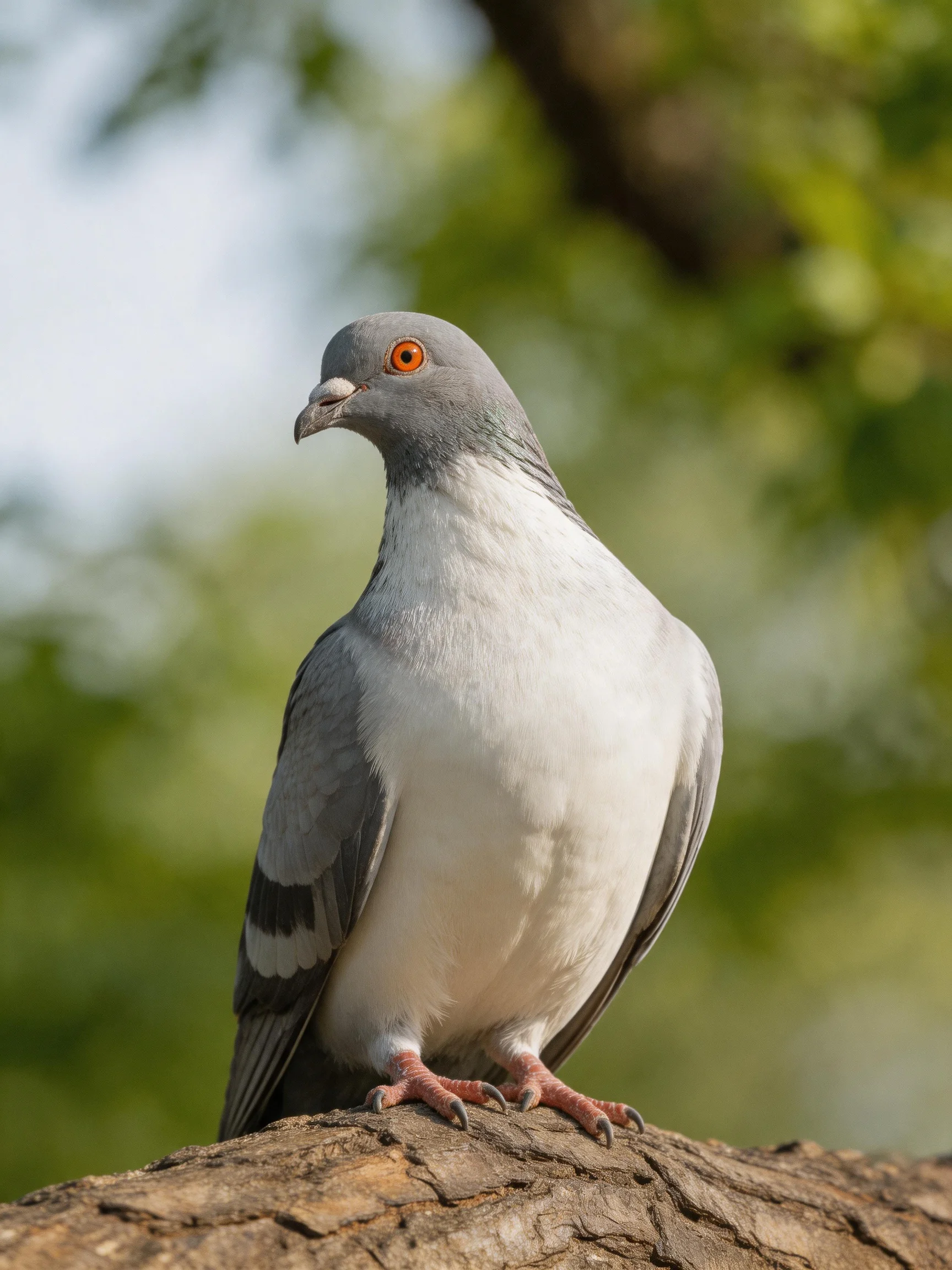 A gray-headed pigeon with white plumage perches on a tree trunk amid green foliage.
