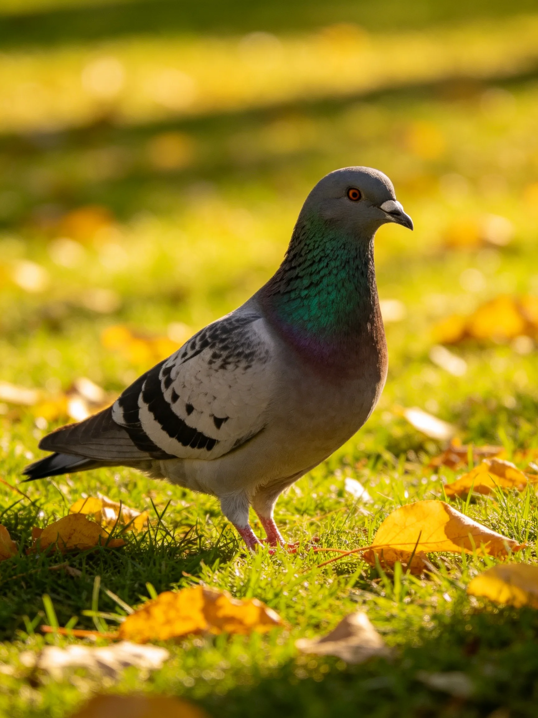 A gray pigeon stands among golden autumn leaves on grass.