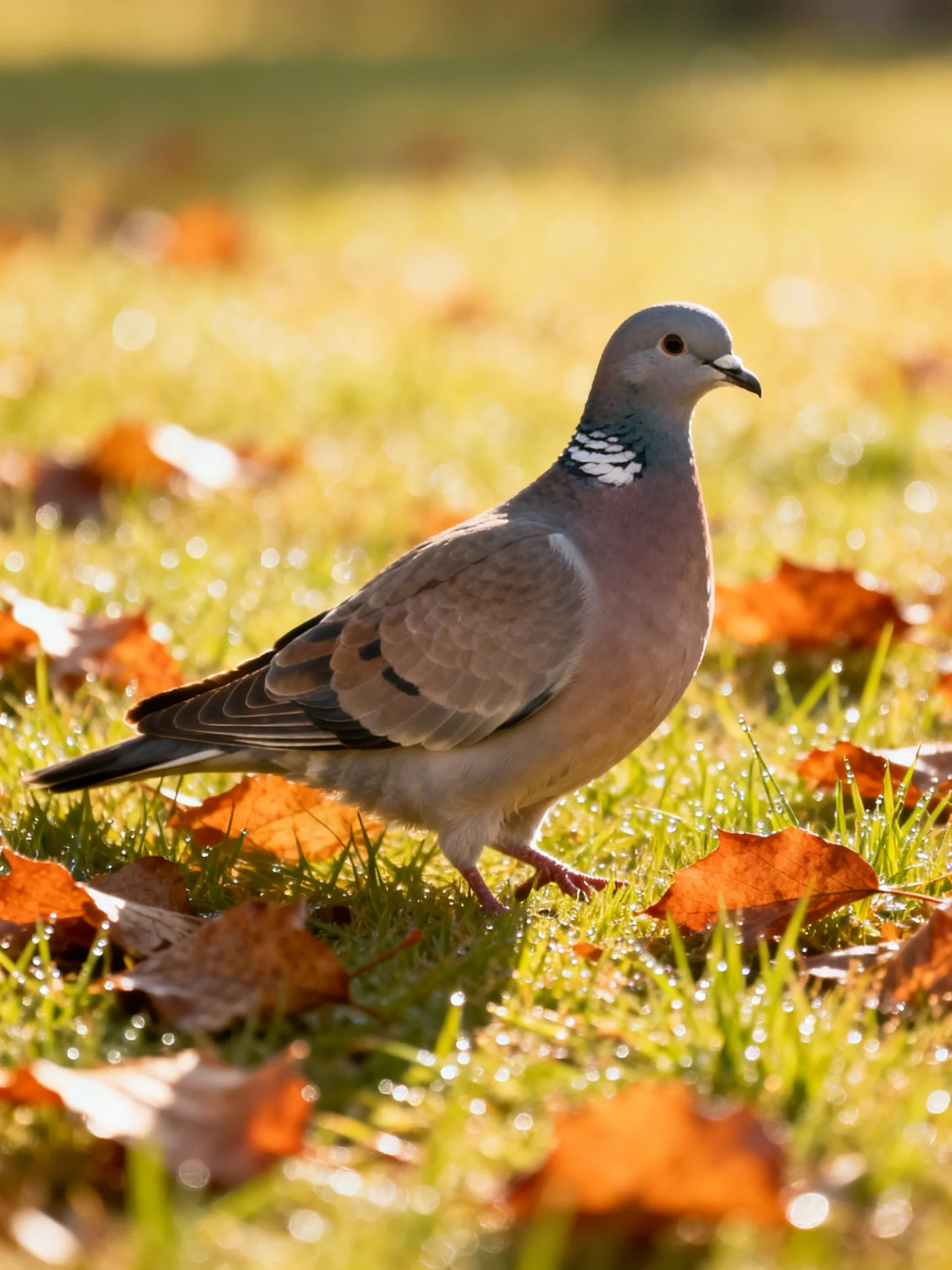 A gray pigeon amid orange fallen leaves on green grass