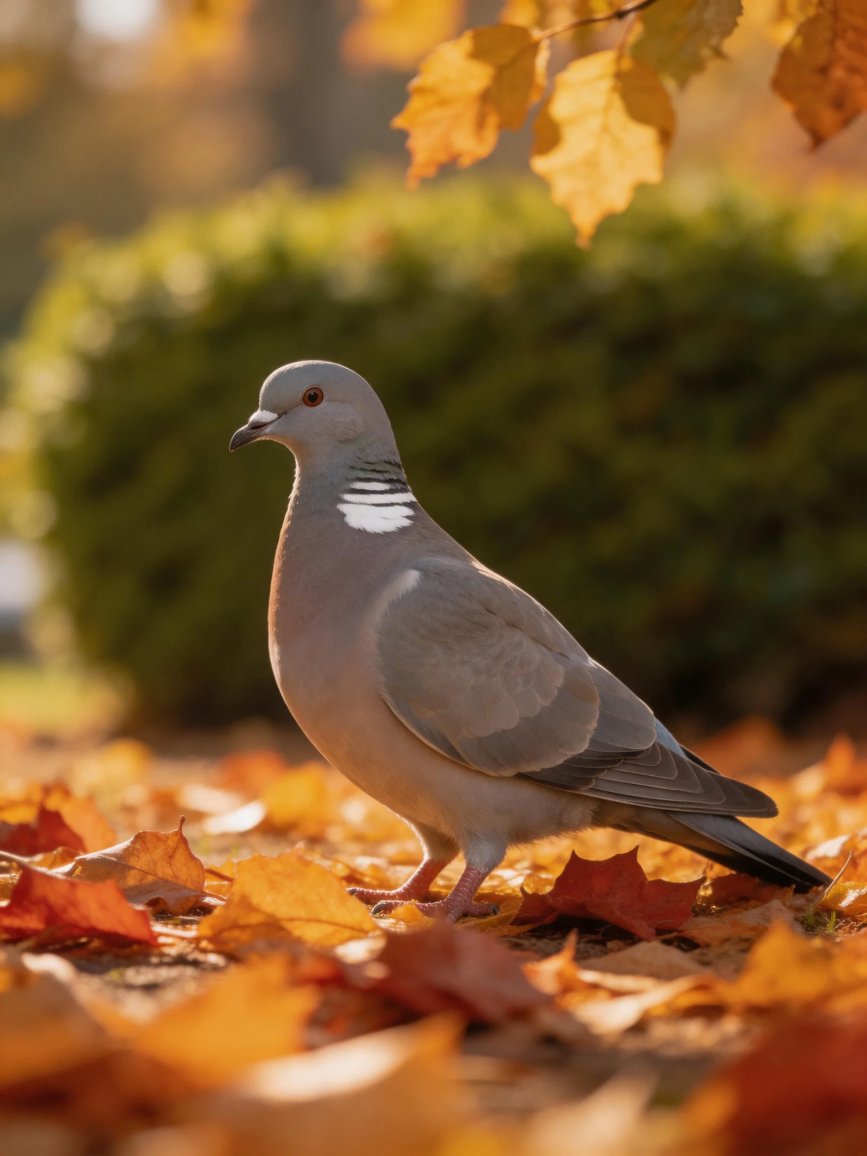 A gray pigeon amidst golden-orange fallen leaves near green hedge
