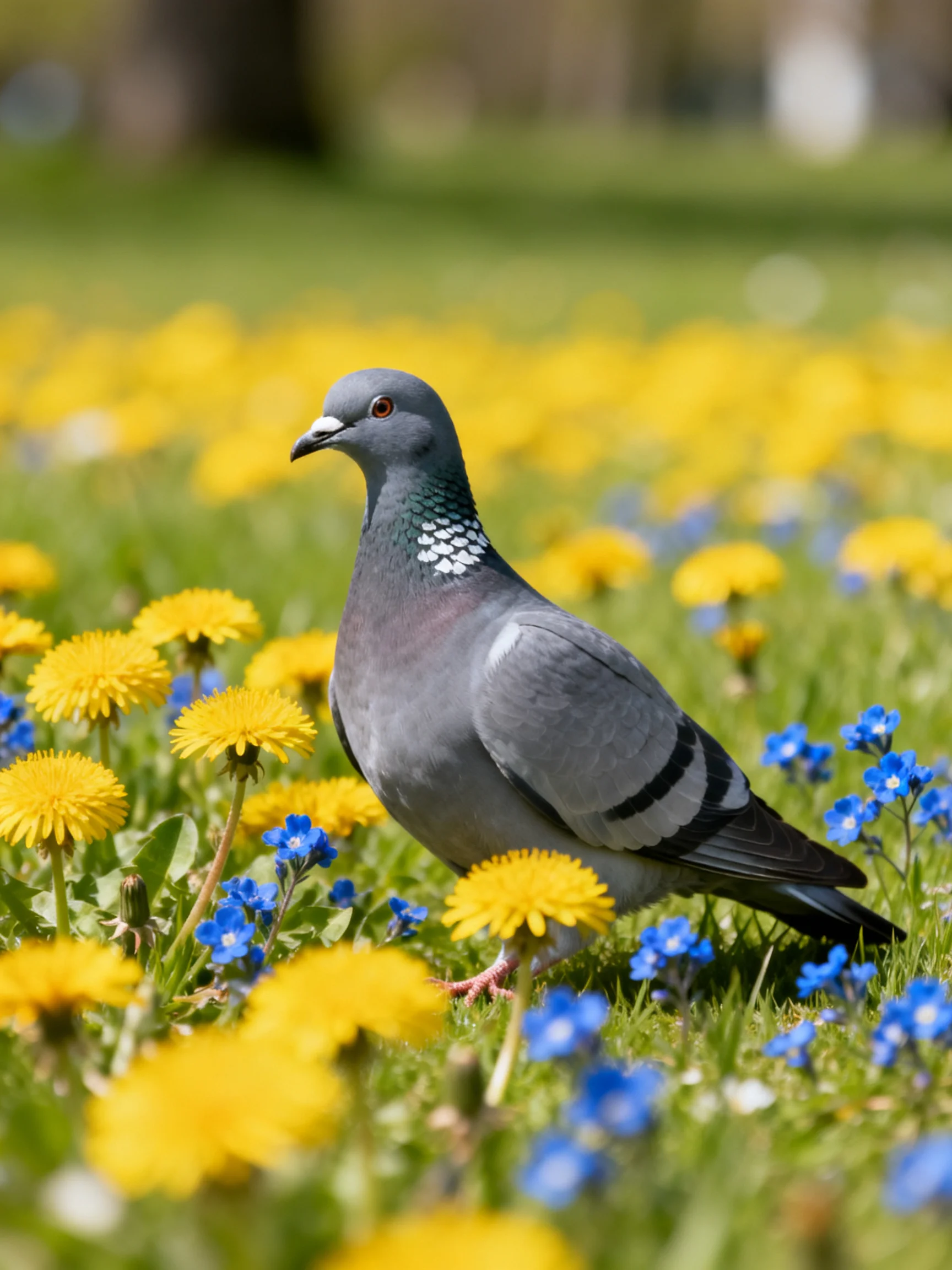 A gray pigeon amidst yellow dandelions and blue wildflowers