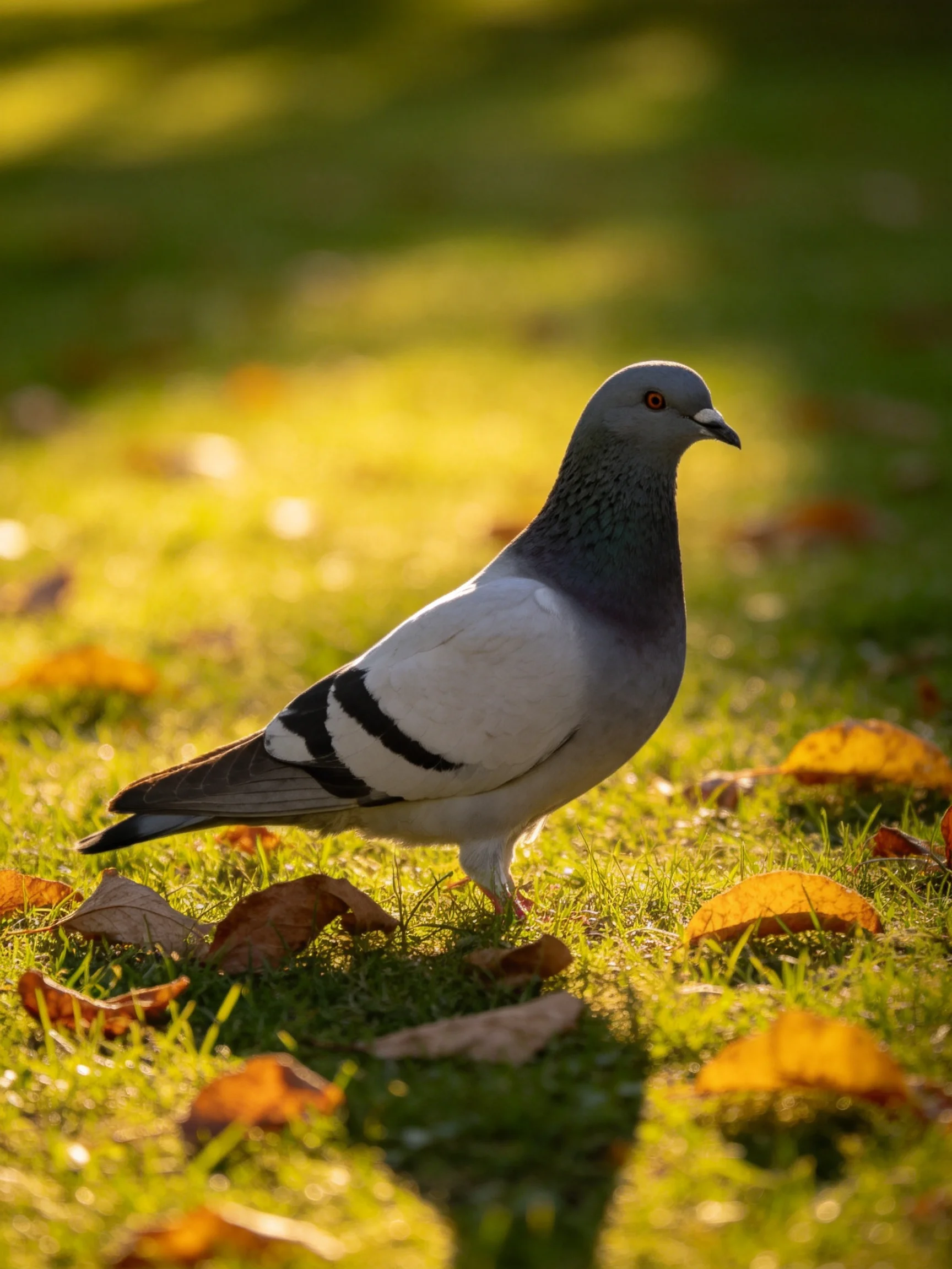 A gray pigeon among golden autumn leaves on green grass
