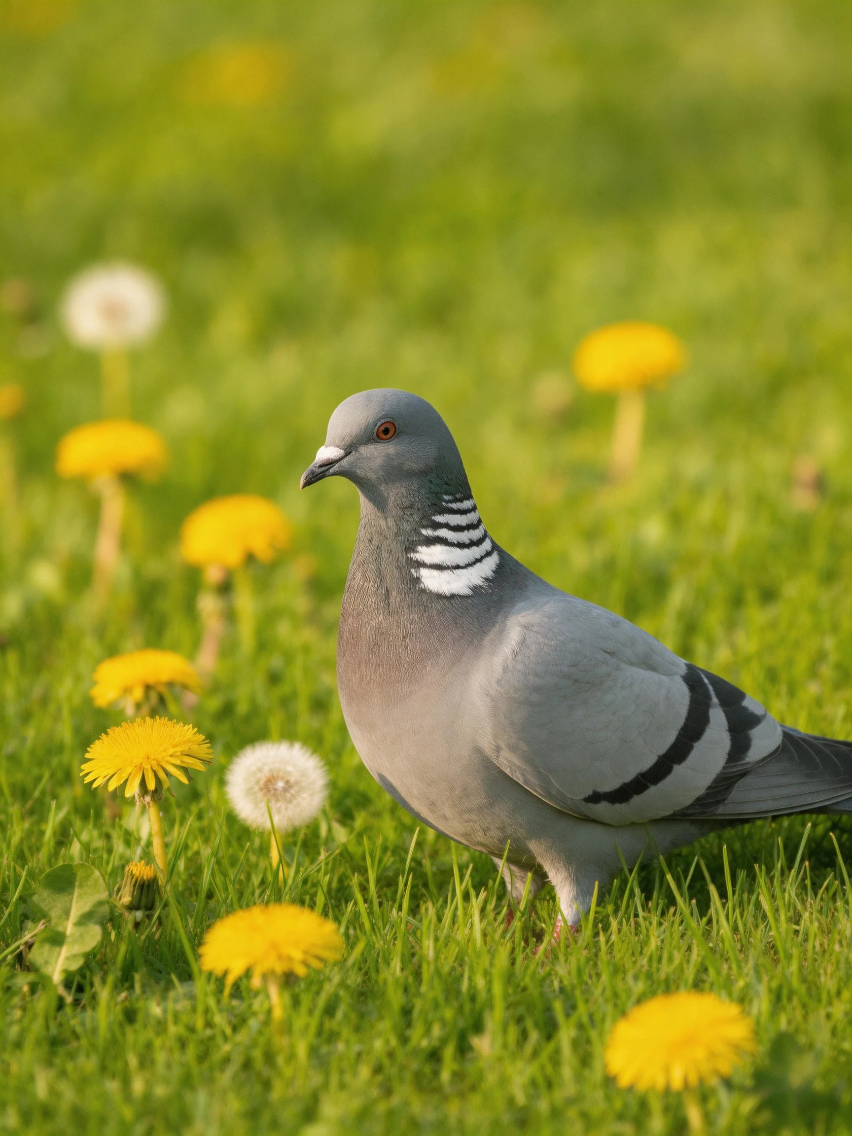 A gray pigeon is in a field with green grass and yellow dandelions.
