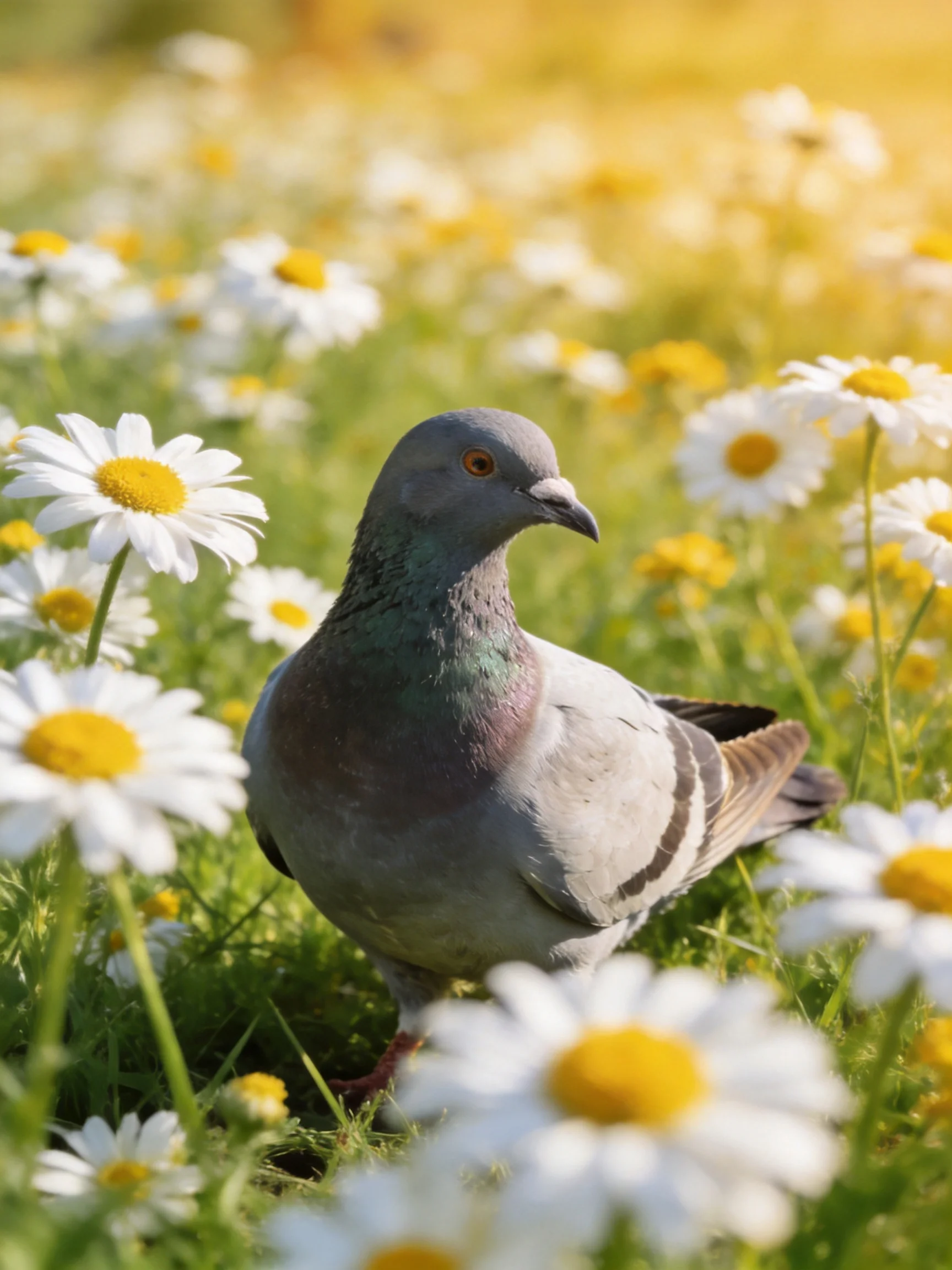 A gray pigeon among vibrant daisies and golden flowers