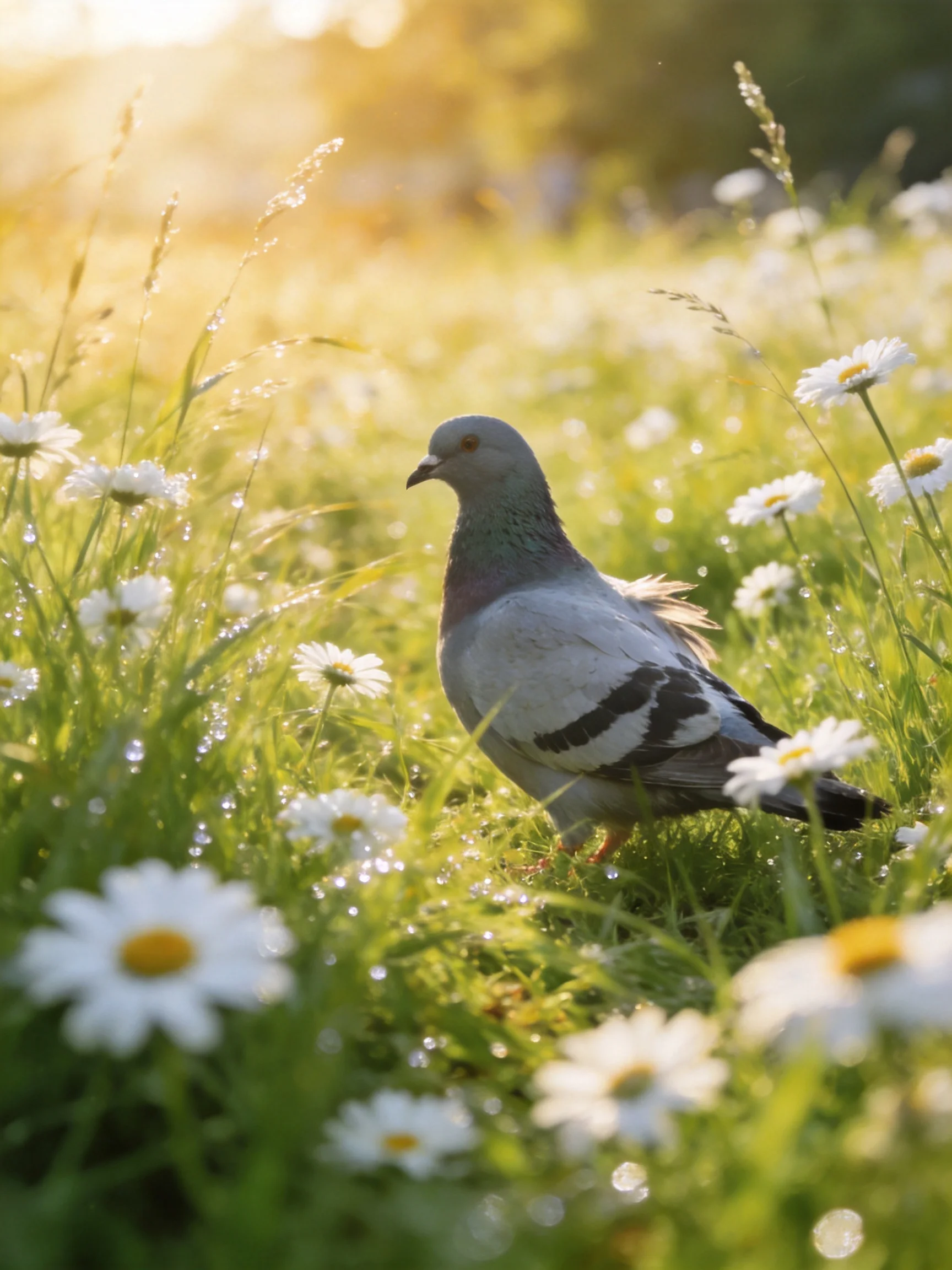 A gray pigeon among white daisies in a sunlit meadow