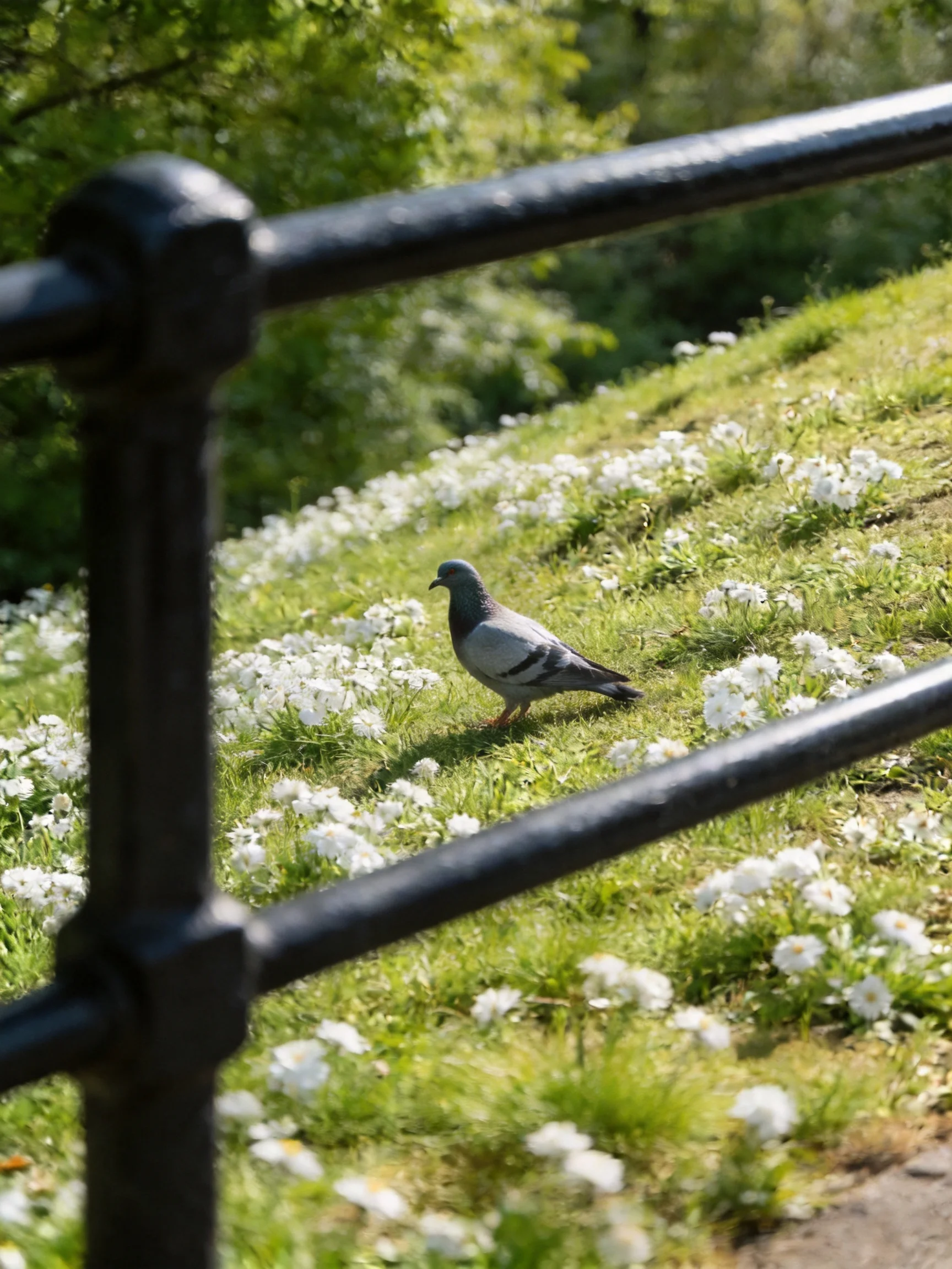 A gray pigeon among white flowers near a dark metal railing