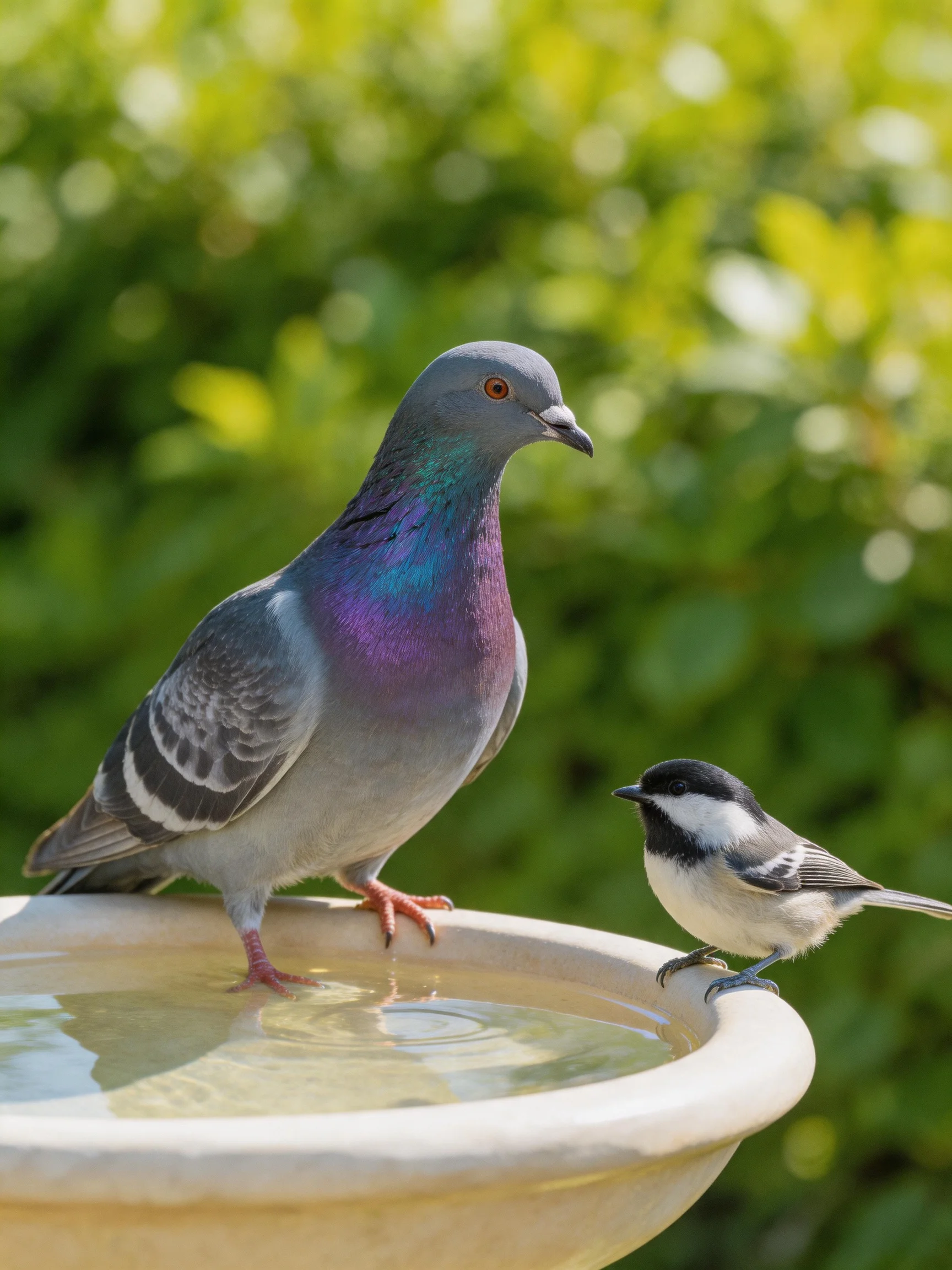 A gray pigeon and small black - white bird gather at a shallow birdbath with lush green backdrop