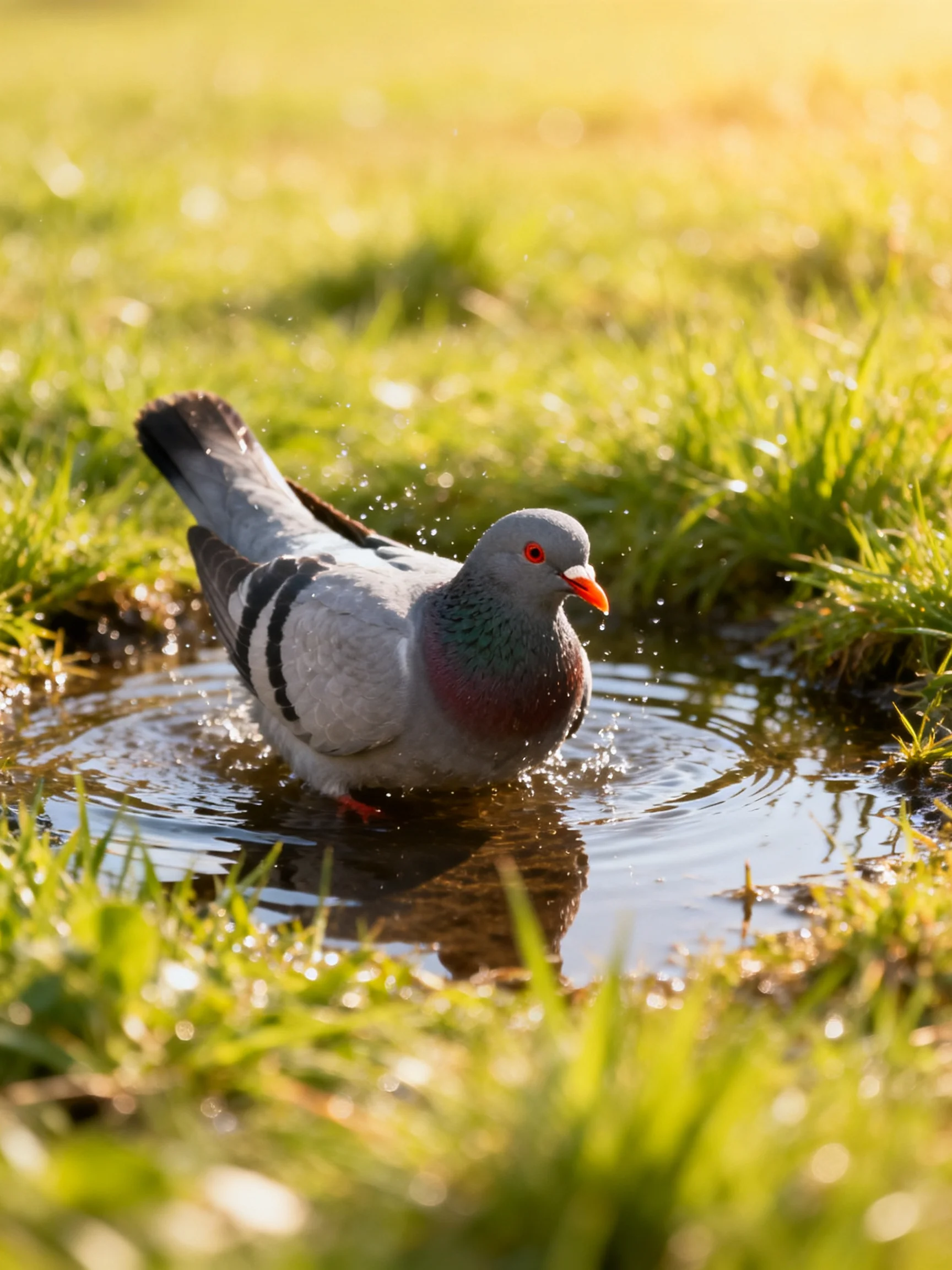 A gray pigeon bathing in a small pond amid lush green grass