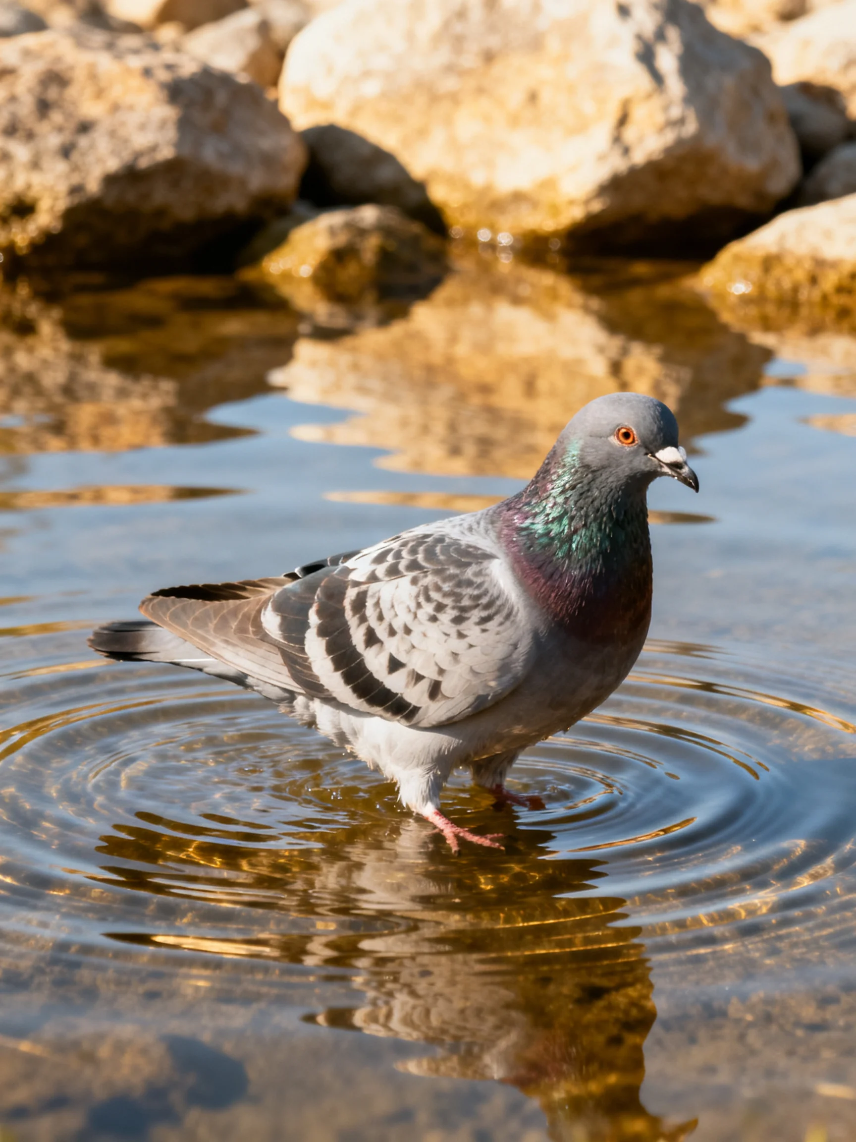 A gray pigeon bathing in shallow clear water near large tan rocks