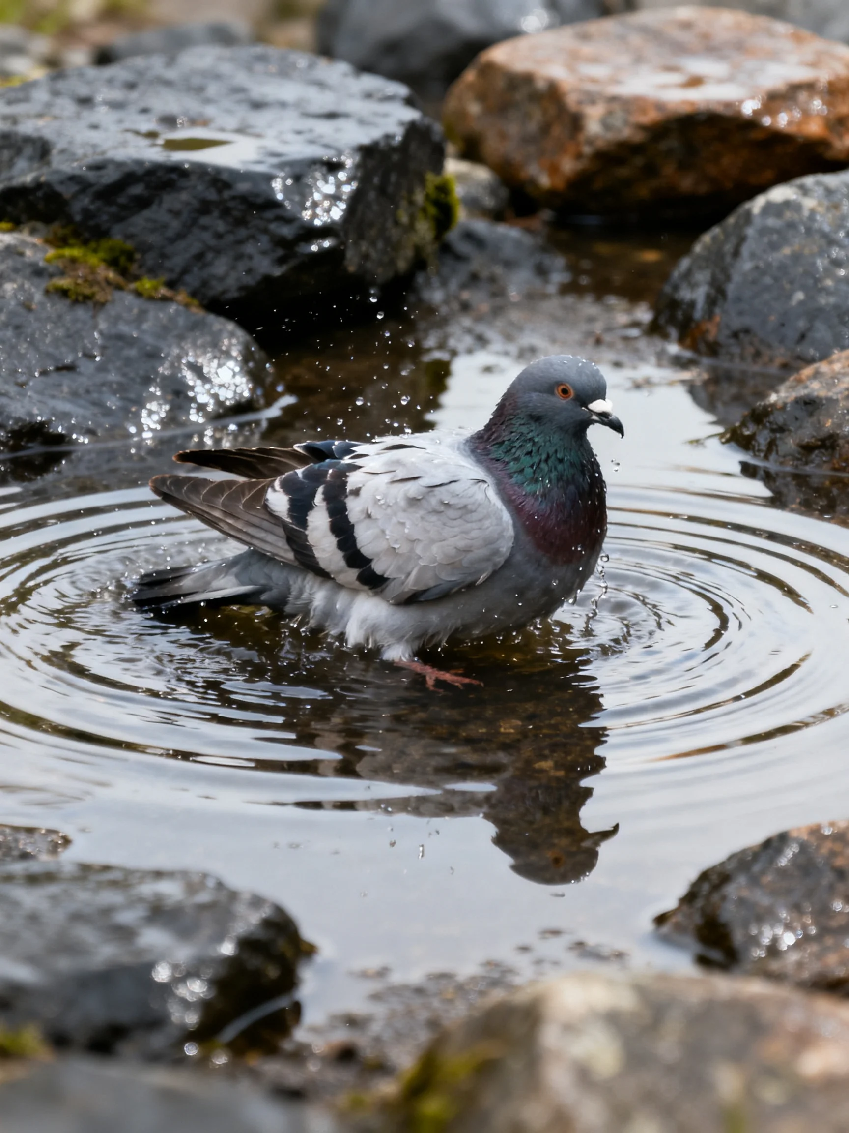 A gray pigeon bathing in shallow water among wet rocks