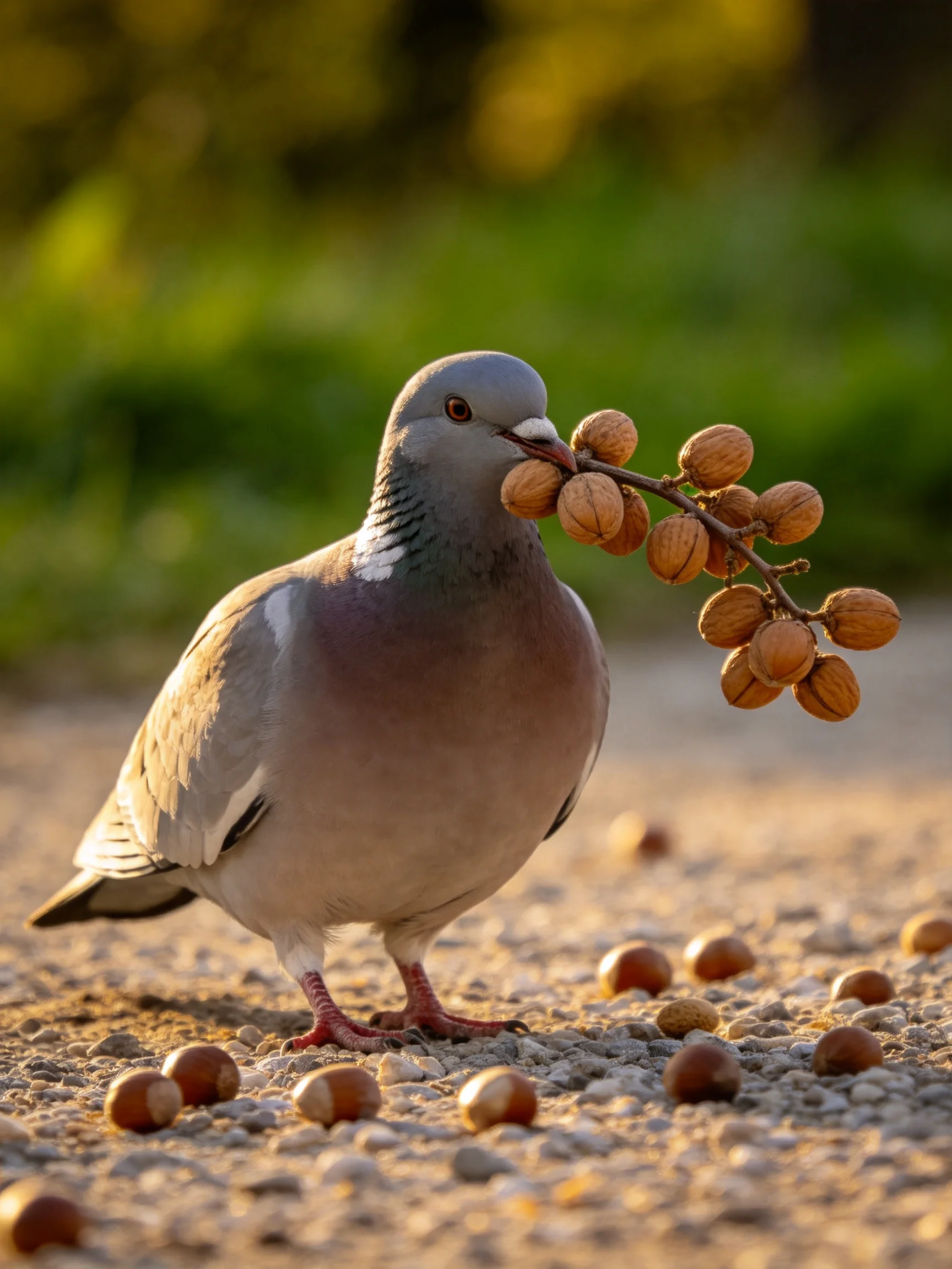 A gray pigeon carries a cluster of brown nuts on a gravel path