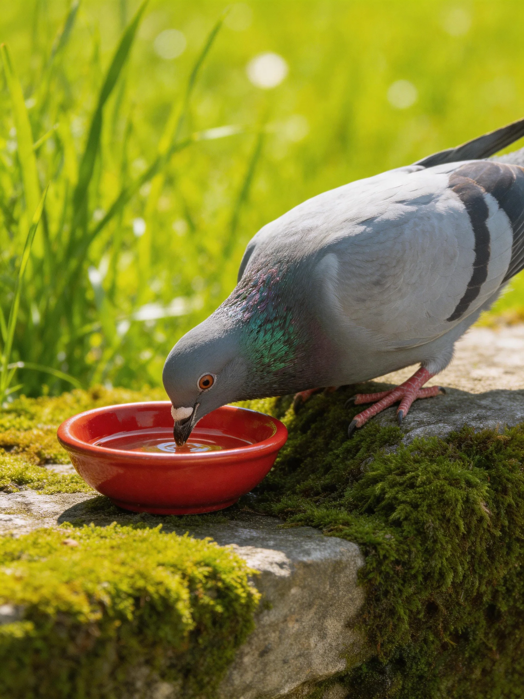 A gray pigeon drinks from a bright red bowl on moss-covered stone