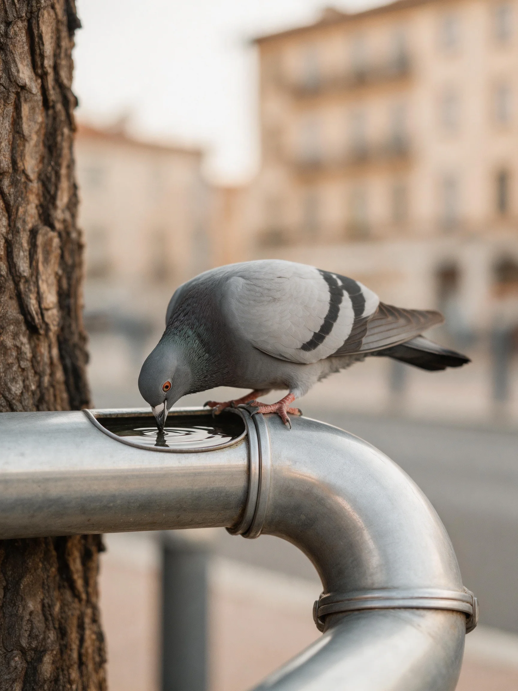 A gray pigeon drinks from a metallic outdoor water fountain near a tree