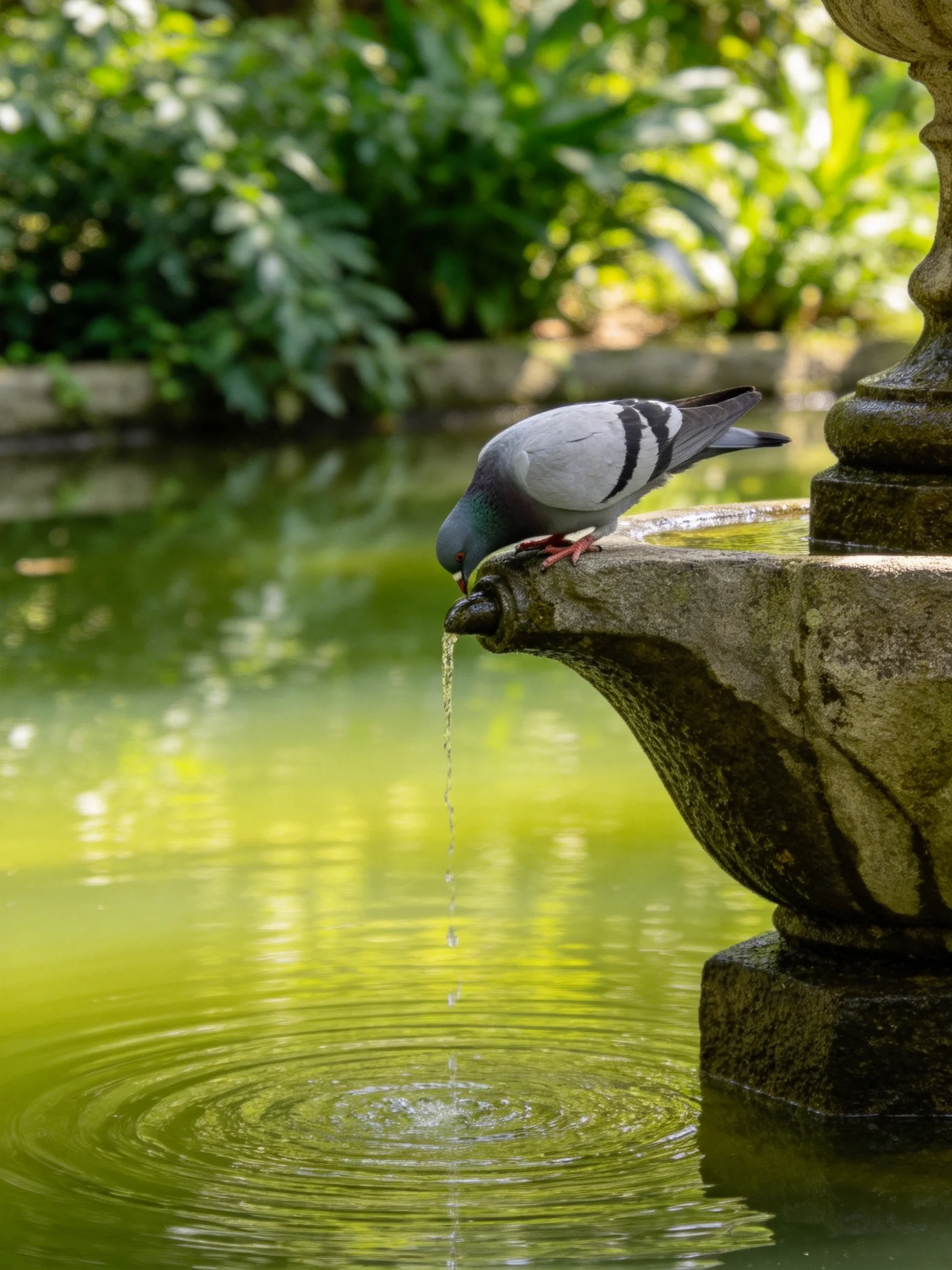 A gray pigeon drinks from an aged stone fountain by tranquil green water